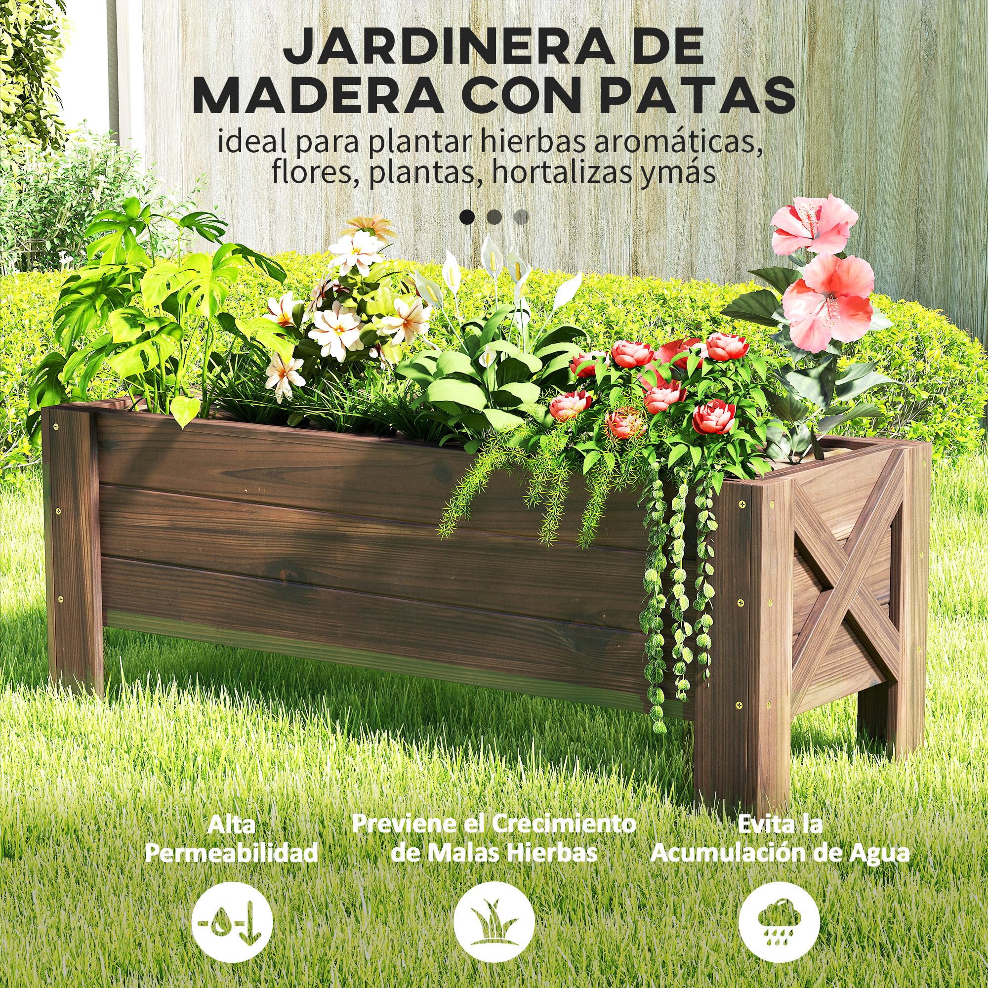 Outsunny Huerto Urbano Jardinera con Patas Elevadas 100x36,5x36 cm Marrón | Jardinera de Madera Rectangular Exterior, 2 Drenajes, para Flores Plantas Cultivos