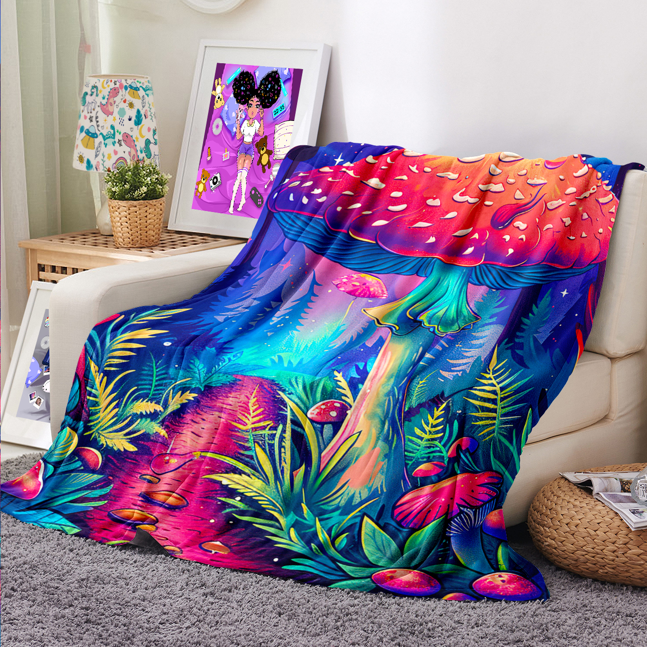 Mushroom Blanket For Kids - Enchanting Forest Theme Toddler Throw, Soft & Playful Decor For Bedroom