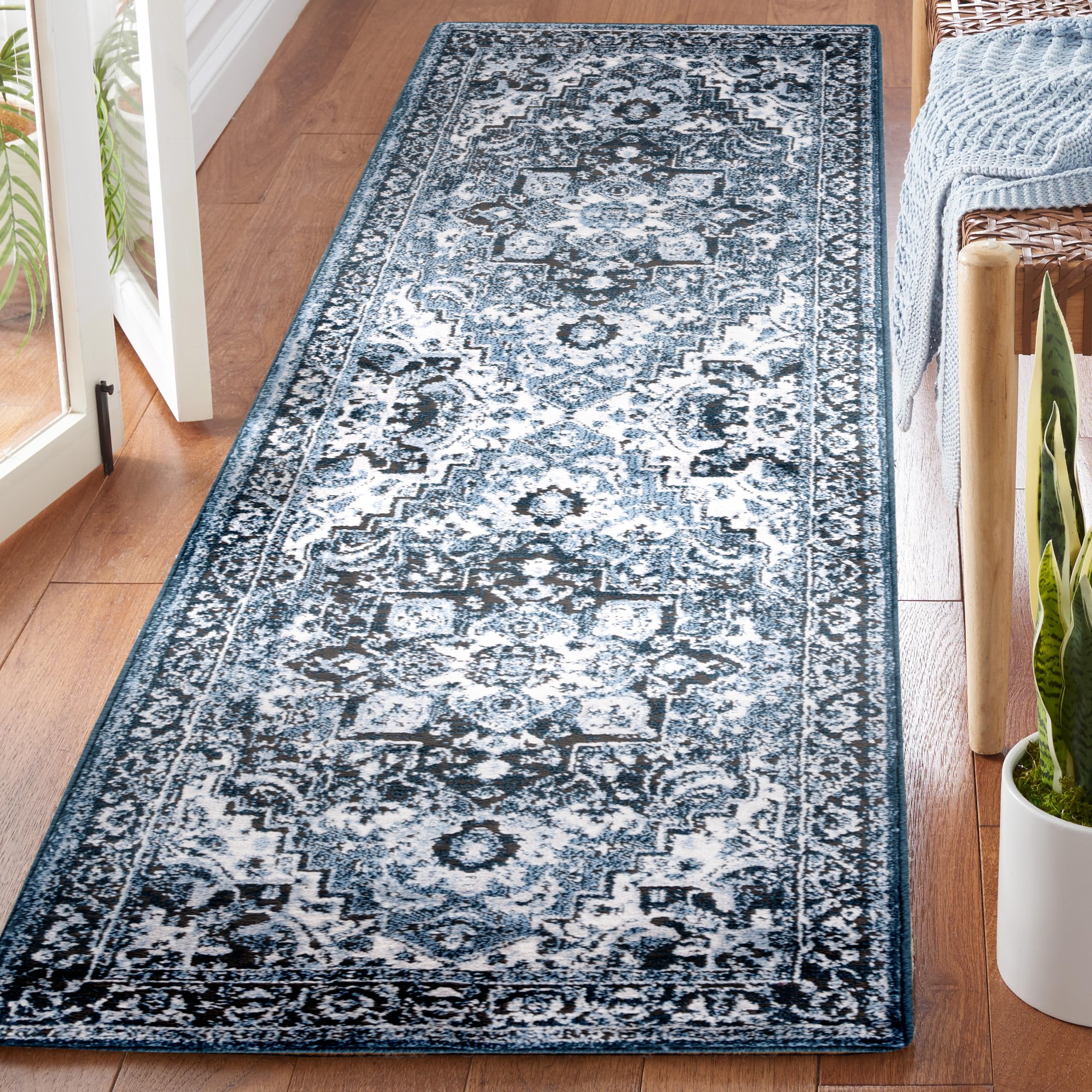 SAFAVIEH Rosewood Collection Runner Rug - 2'3" x 8' Runner, Ivory & Blue, Shabby Chic Oriental Design, Ideal for The Living Room, Bedroom, Dining Room (ROW112A-28)