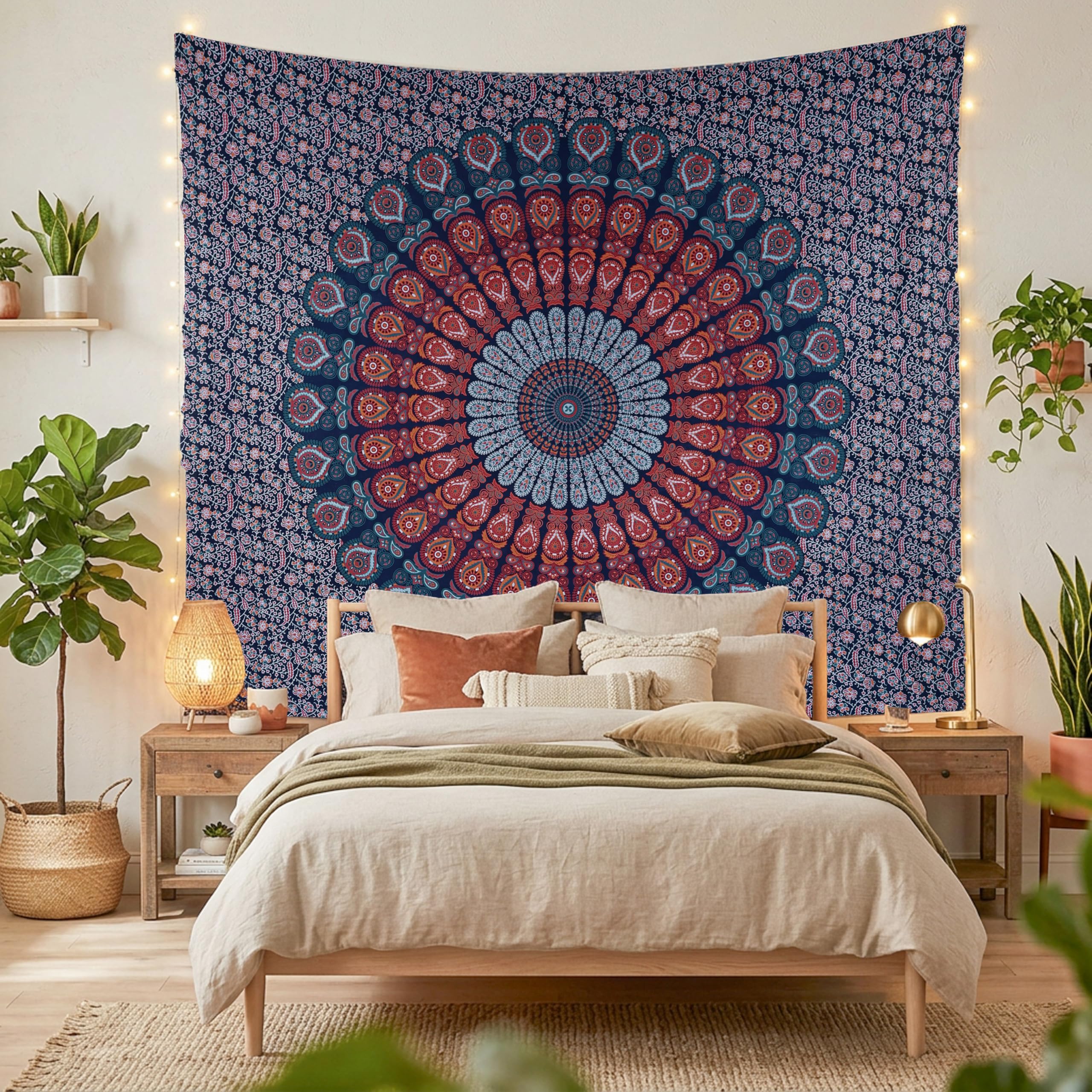 FURNISHFUL FINESSE Handmade Cotton Peacock Mandala Tapestry, Indian Wall Hanging, Boho Wall Art Tapestry for Bedroom, Psychedelic Trippy Hippie Room Decor, 137x213 CM (54x84 Inch), Golden Blue