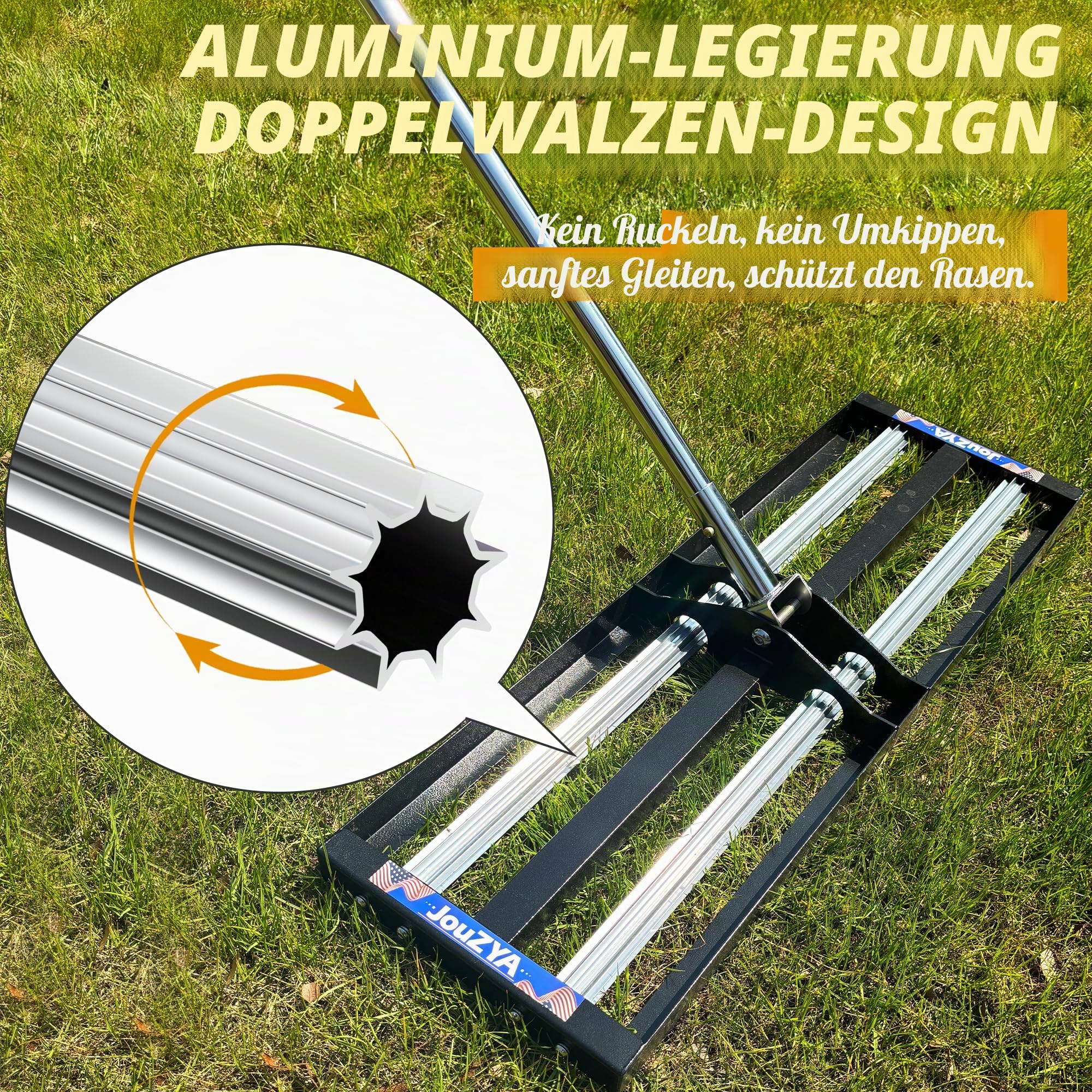 Aktualisierter Rasen-Nivellierrechen mit Aluminiumrollen, Edelstahl, 76,2 x 25,4 cm, Nivellierwerkzeug, robuster Rasen-Nivellierer mit 203,2 cm verlängertem Griff, Hof-Nivellierrechen für Garten,