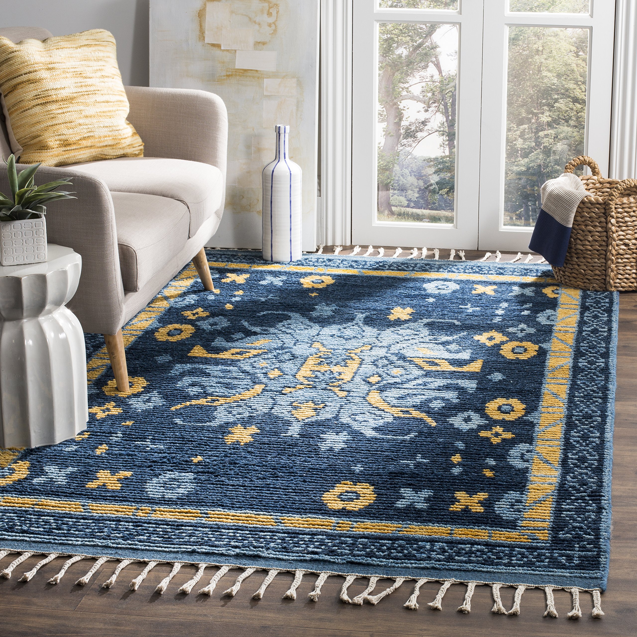 SAFAVIEH Area Rug 8x10 - Kenya Collection - Large - Blue & Gold, Hand-Knotted Wool, Tassel Design, Ideal for Living Room, Bedroom, Dining Space (