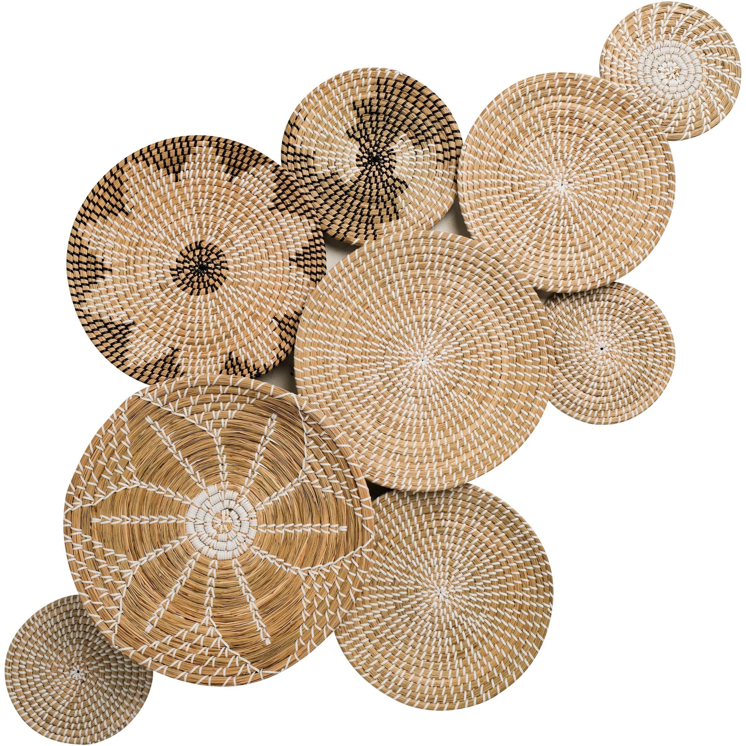Set of 9 Seagrass Hanging Wall Basket Decor - African Design Flat Round Camellia Rustic Decorative Rattan Wall Decor - Wicker Woven Basket Wall Decor - Boho Wall Decor Wall Art Large Wall Decor