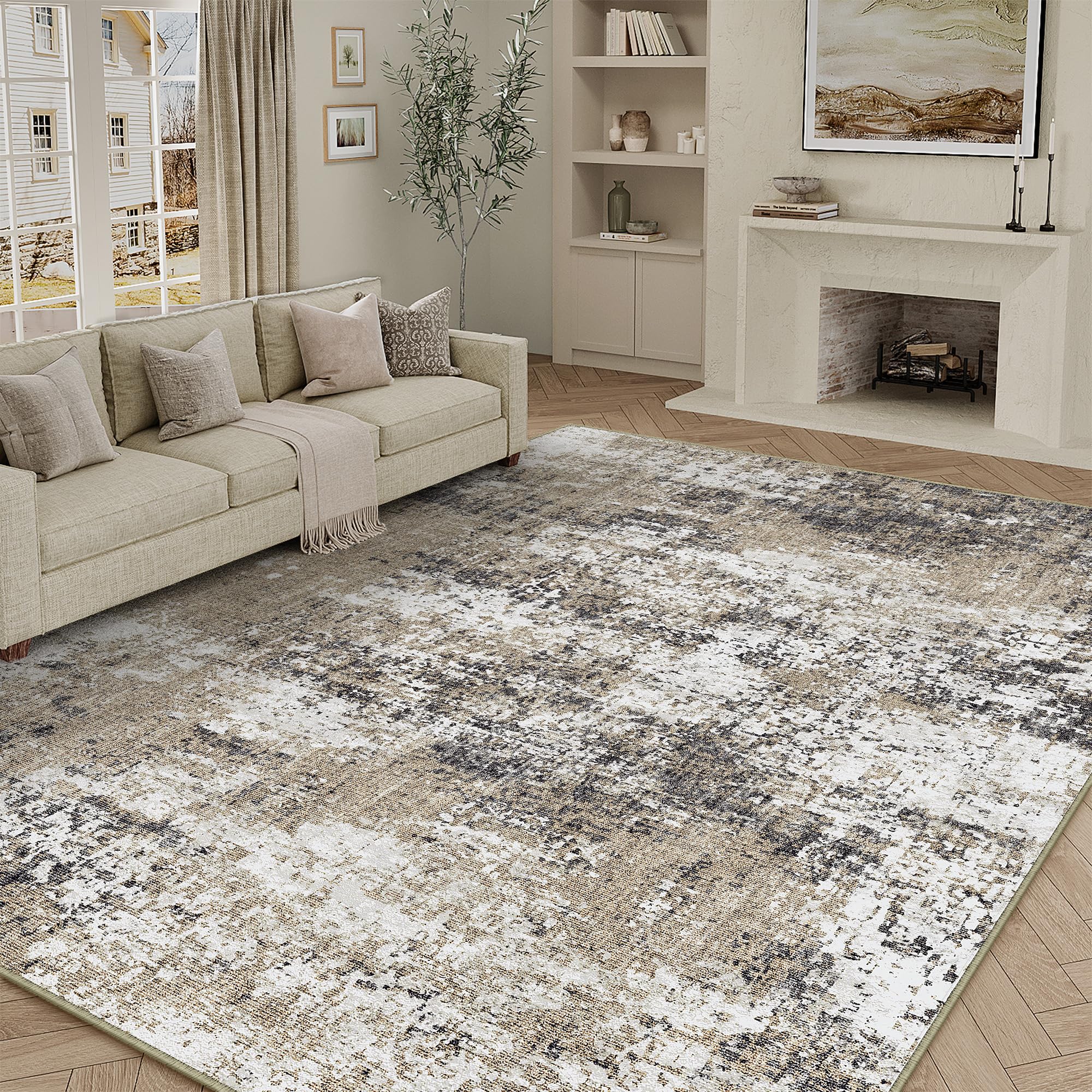 washable brown area rug 8x10 modern abstract living room large carpet bedroom neutral soft throw rug low pile non slip indoor contemporary floor cover for dining room office