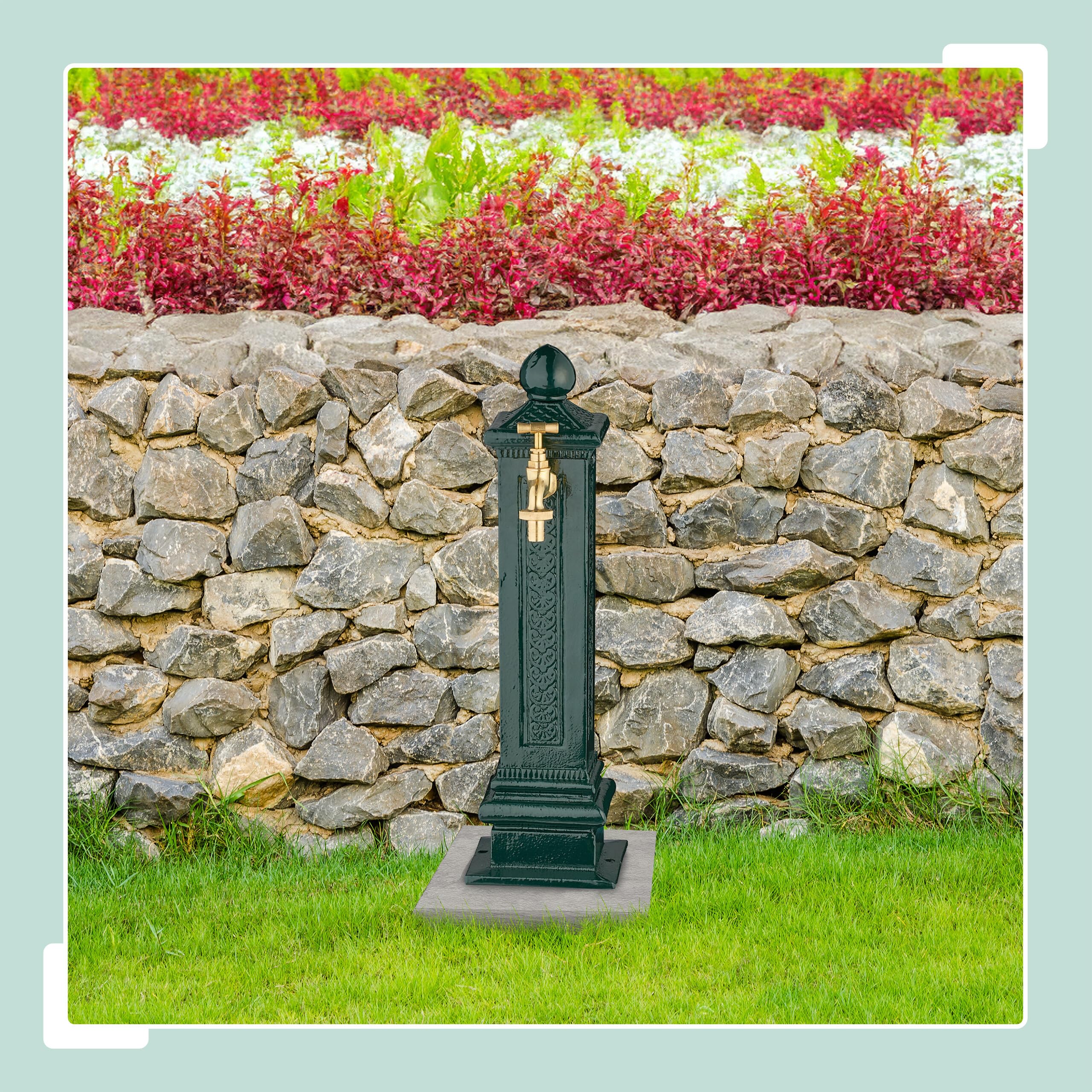 Relaxdays Fontana da Giardino in Stile Antico, Fontanella a Colonna con Rubinetto Acqua, HLP: 47x14x18,5 cm, Verde Scuro