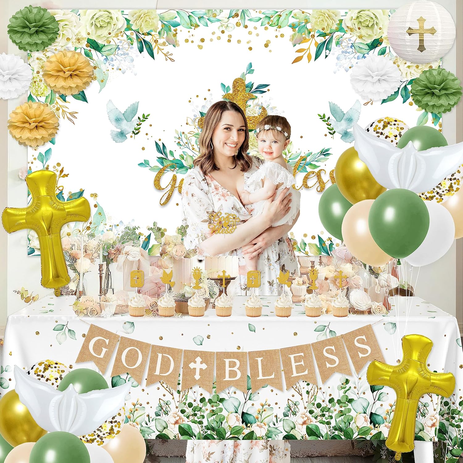 Baptism Decorations Bautizo Decorations - 117 Pcs Mi Bautizo Party Supplies First Communion Decor Boys Girls Baby Shower Christening Decorations God Bless Backdrop Tablecloth Banner Balloons Garland
