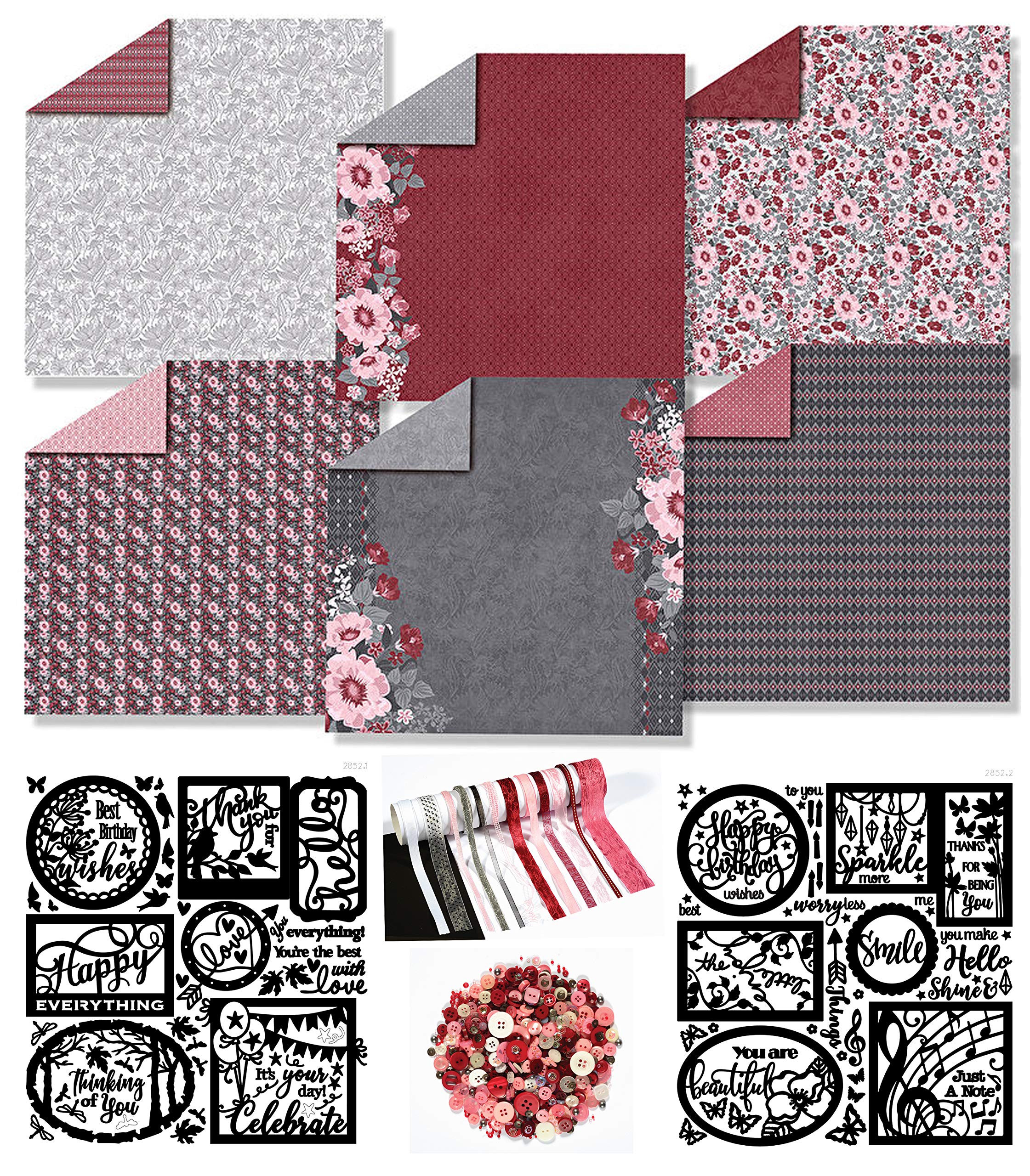 Paper Crafting Collection by Hot Off The Press | Coordinated Collection Including 12 Double-Sided Papers, Dazzles Stickers, Ribbons, and Embellishments (Ruby Rose)