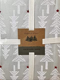 Aspen & Pine Festive Fabric Holiday Tablecloth White Primitive Block Print Christmas Trees Red Stars on Grey - 100% Cotton (60 x 118 inches) - coolthings.us
