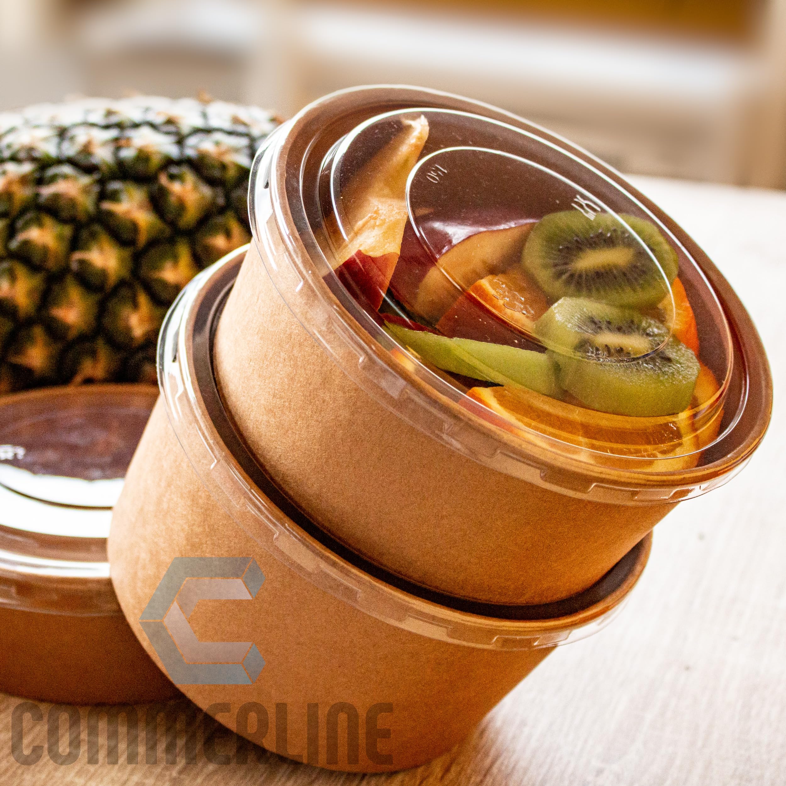 Commerline Salad Bowl, 1300 ml Salatschale mit Deckel, 200 Stück Braun | Bio Kraftkarton, Einwegschalen, robuste Kartonschale, Salatbox für Gastronomie, Take-away, Catering, Salat To Go
