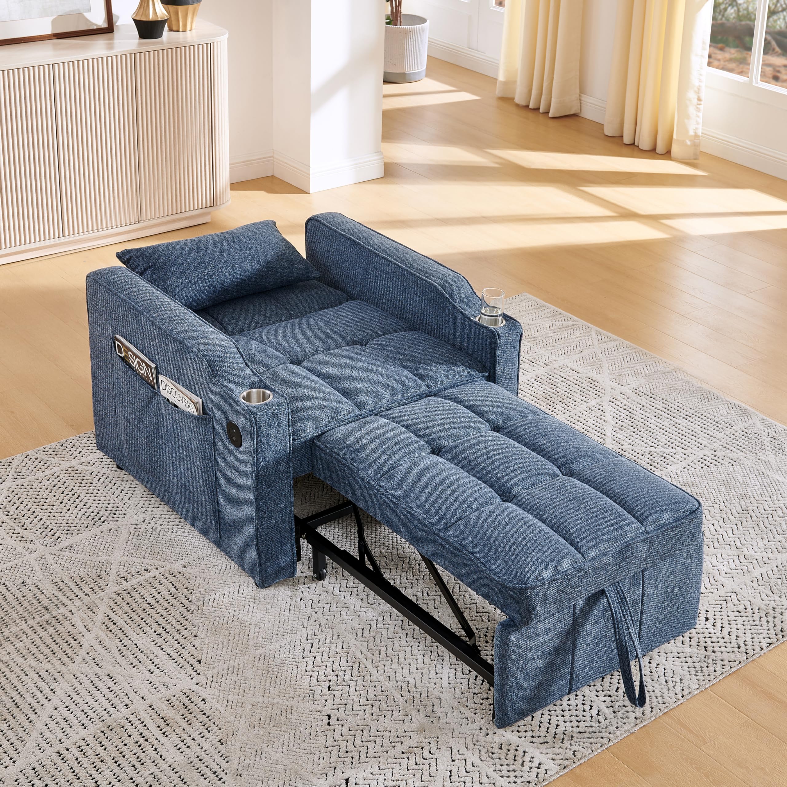 Generisch 3-in-1 Schlafsessel Marineblau 190cm Liegefläche mit USB/Type-C Anschluss, Edelstahl-Getränkehalter, 3-stufig Verstellbarer Rückenlehne, Seitentaschen, Schlafsofa für kleine Räume & Gäste