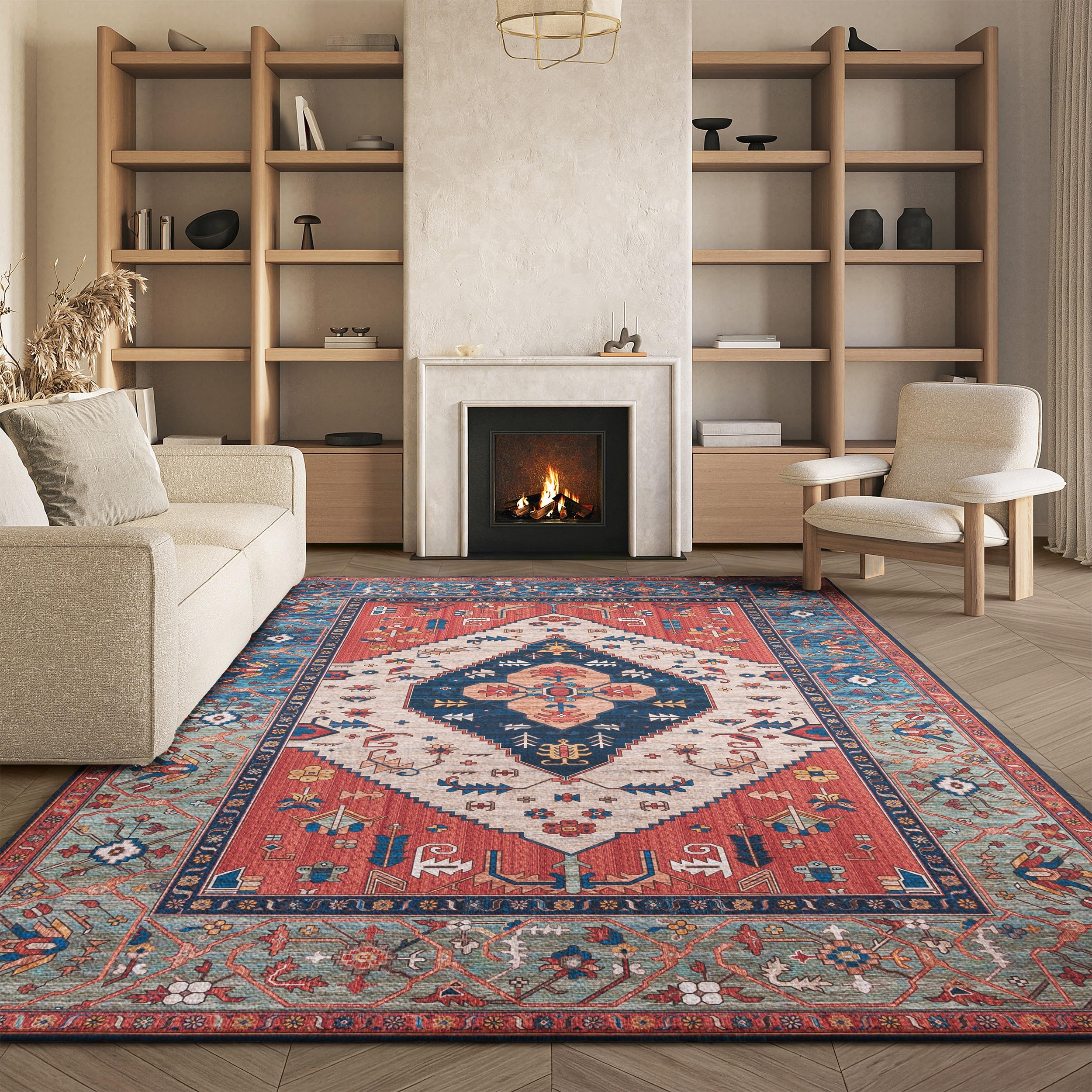 SAFAVIEH Traditionell Teppich für Rug Ideal für stark frequentierte Bereiche - Maschinenwaschbar und rutschfest - Tucson Collection, Kurzer Flor, in Rot und Blau, 274 X 366 cm