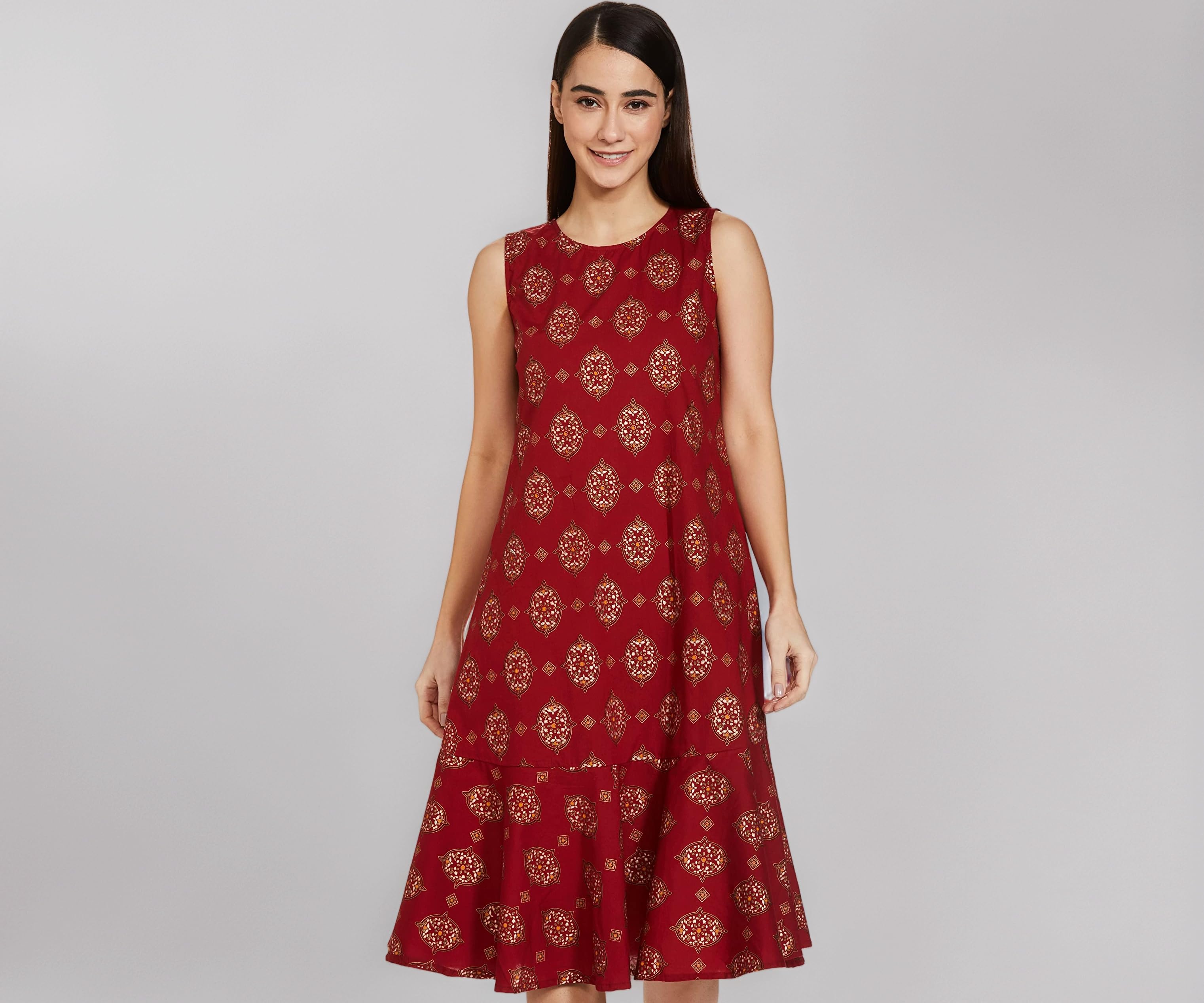 Amazon Brand - Myx Women's Cotton Knee-Length Rayon A-line Dress (PAG 101_Golden JAAL RED_3XL)
