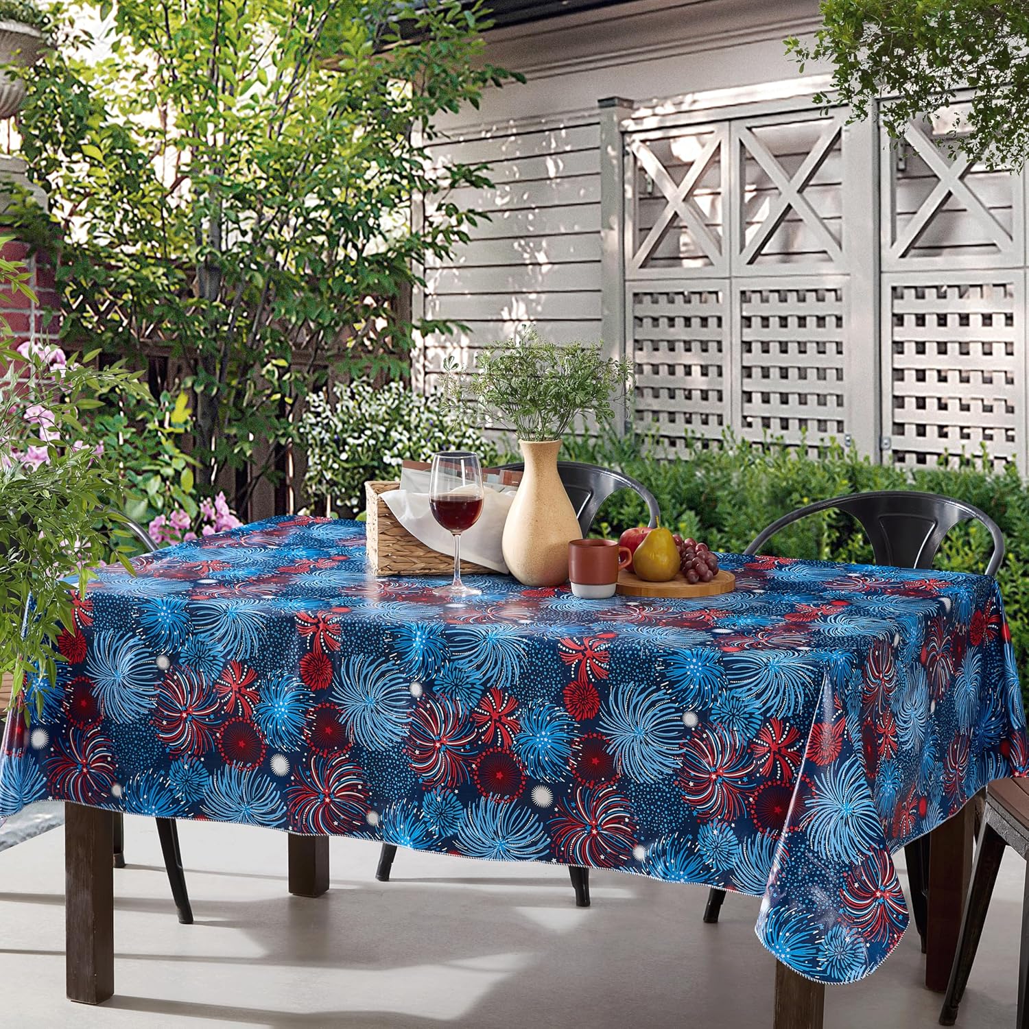 Newbridge Rectangle Vinyl Flannel Backed Tablecloth, 60 x 102 Inch, Fireworks Celebration, Indoor/Outdoor Party Table Cover, Americana Red, White and Blue Fireworks, Barbecue Party