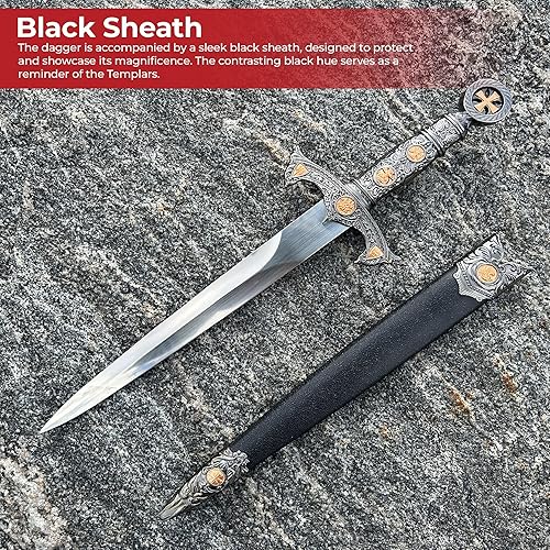 Miniatura 6 de MedievalDepot Daga de honor de los templarios de la Cruzada Sagrada  Total de 14 pulgadas  Hoja de metal, réplica histórica de cuchillo cruzado para