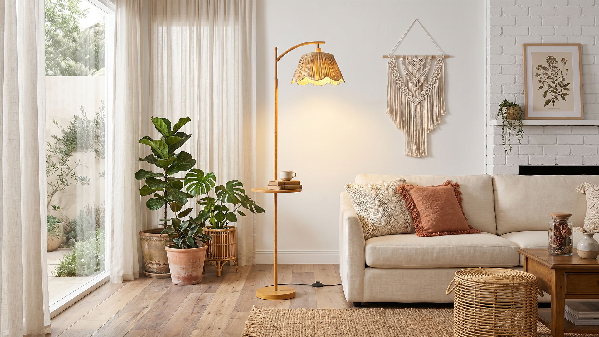 Image of Oneach 63.5 inch Floor Lamp with Table for Living Room, Boho Rattan Standing Lamps with Foot Switch, Farmhouse Floor Lamp for Bedroom, Arc Tall Lamp with Metal Base&Pole, Bulb not Included, Woodgrain