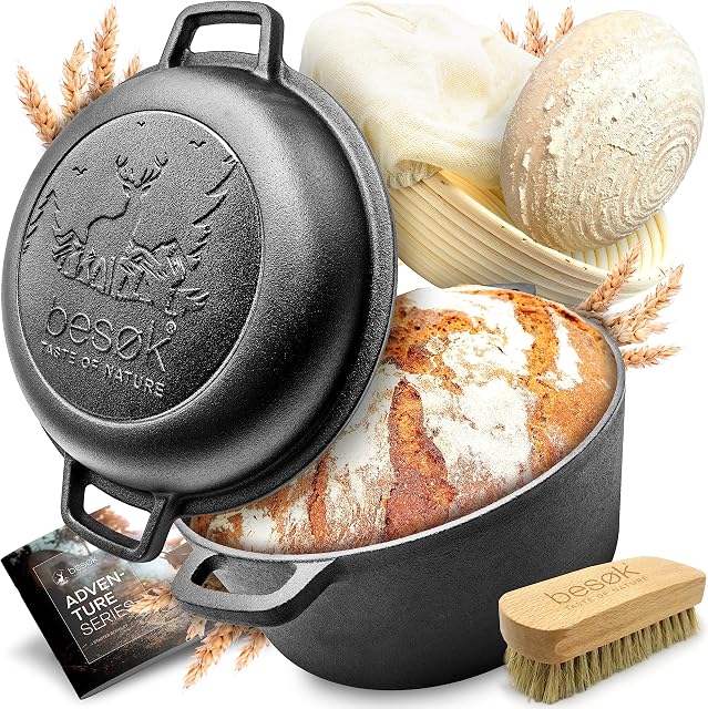 besøk Żeliwny garnek do pieczenia chleba Ø 26 cm (5,5 litra) Pre Seasoned w zestawie kosz do garowania + drewniana szczotka + broszura z przepisami kulinarnymi | okrągła forma do pieczenia chleba z pokrywką | odporna na do