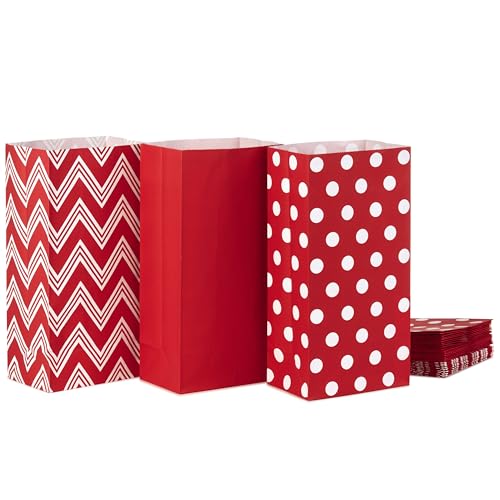 Hallmark Red Party Favor and Wrapped Treat Bags, Assorted Designs (30 Ct., 10 Each of Chevron, White Dots, Solid) for Christmas, Valentines Day, Sweetest Day, May Day, Mothers Day, Care Packages