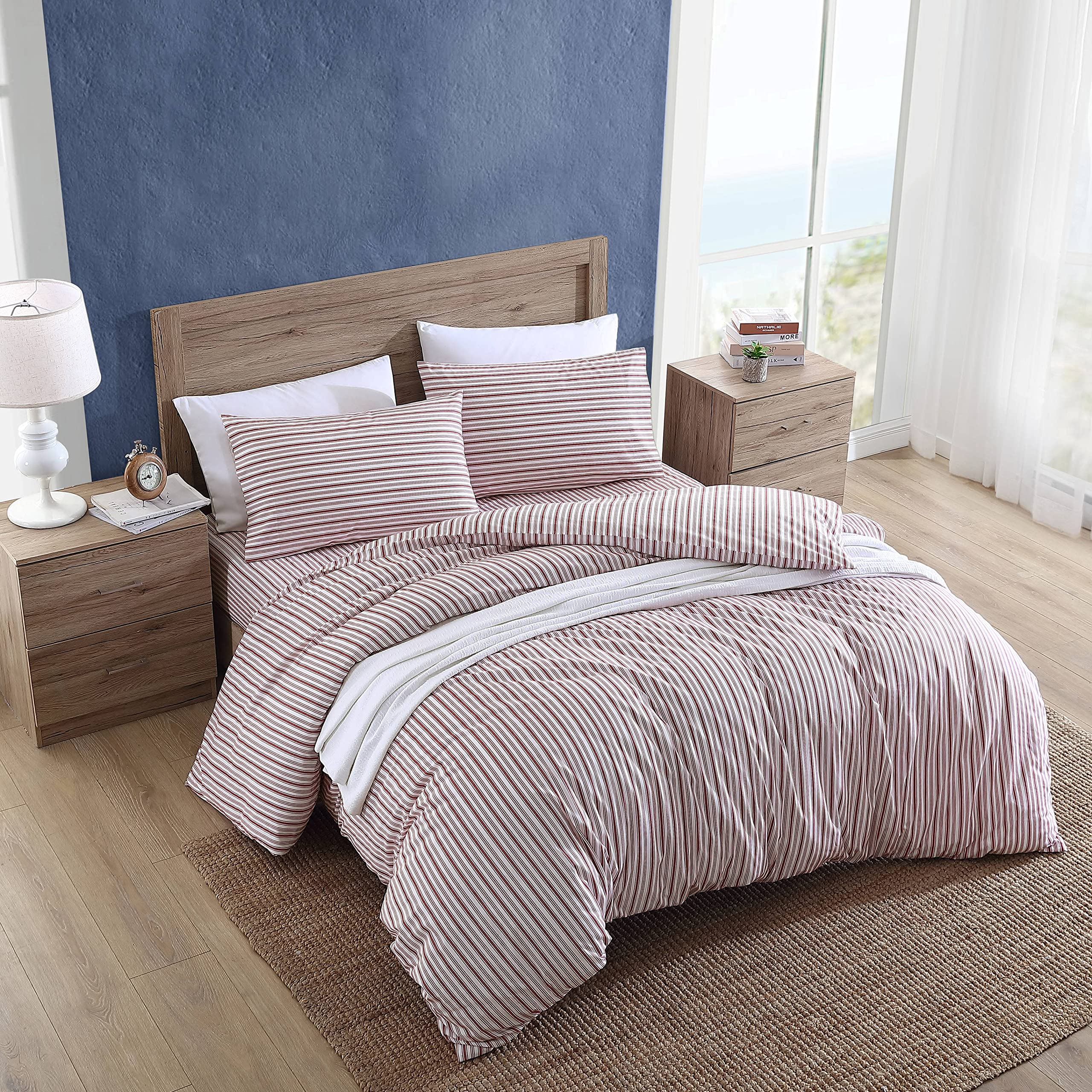 Nautica - Funda de edredón tamaño Queen, Ropa de Cama Reversible de algodón con Cierre de botón, decoración Casual del hogar para Todas Las Estaciones (Coleridge Stripe Red, Queen)