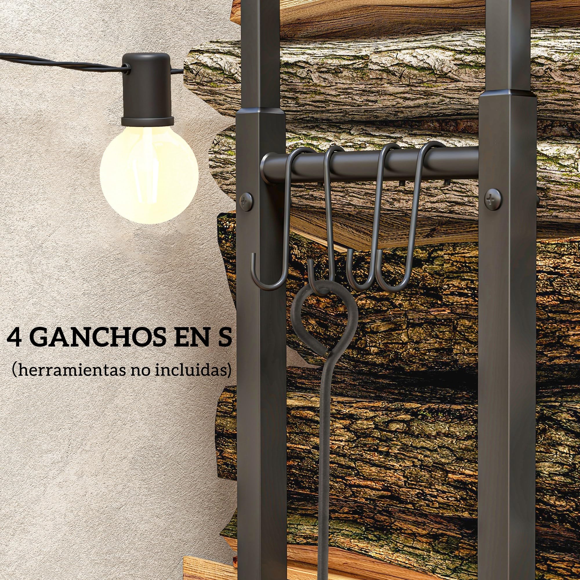 Outsunny Soporte para Leña Extensible Estante de Leña Metálico Leñero con 4 Ganchos para Interior y Exterior 40-65x25x100-150 cm Carga 100 kg Negro