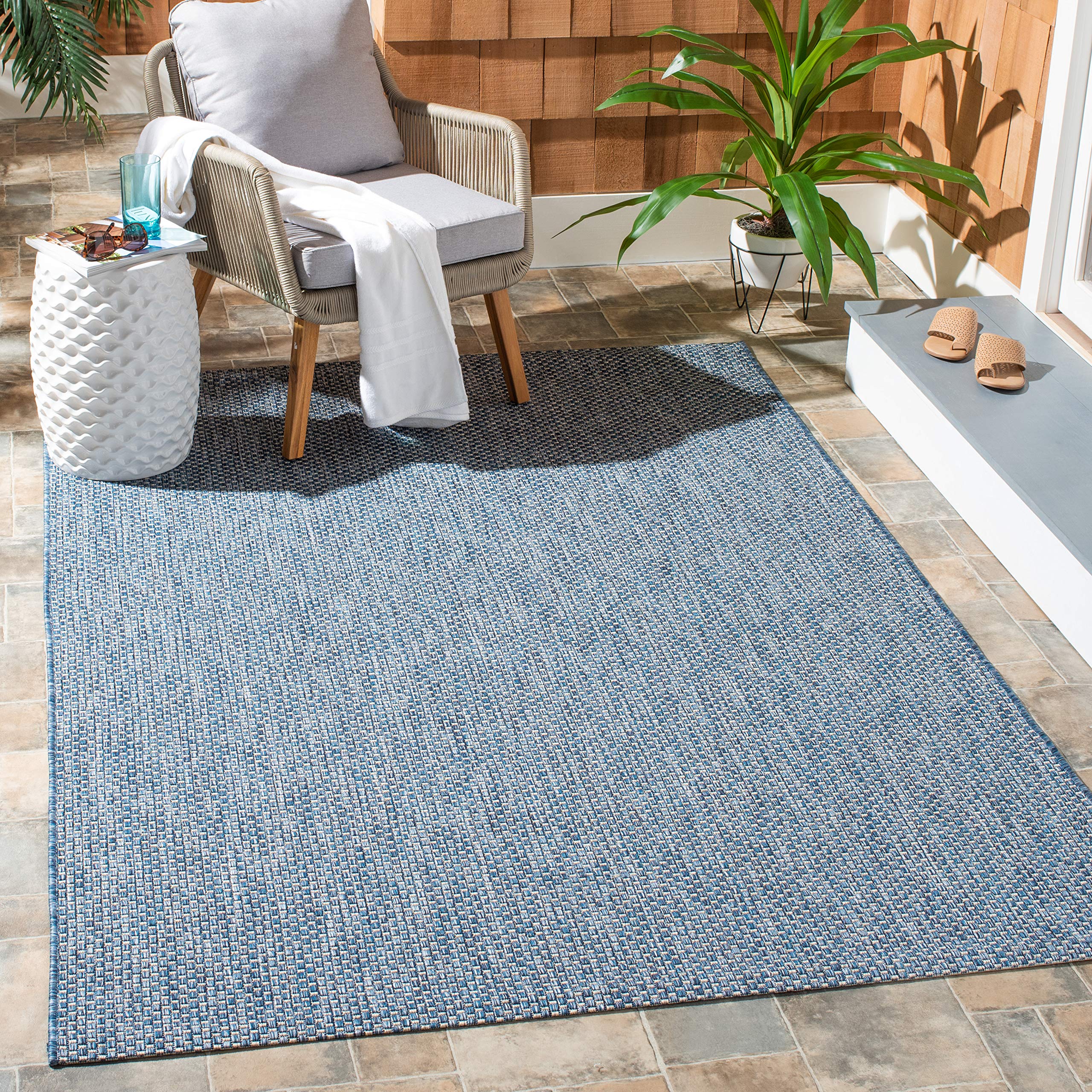 SAFAVIEH Washable Rug Outdoor Courtyard Collection - 4' Square, Navy & Grey, Non-Shedding & Easy Cleaning, Ideal for Patio, Backyard, Mudroom (CY8521-