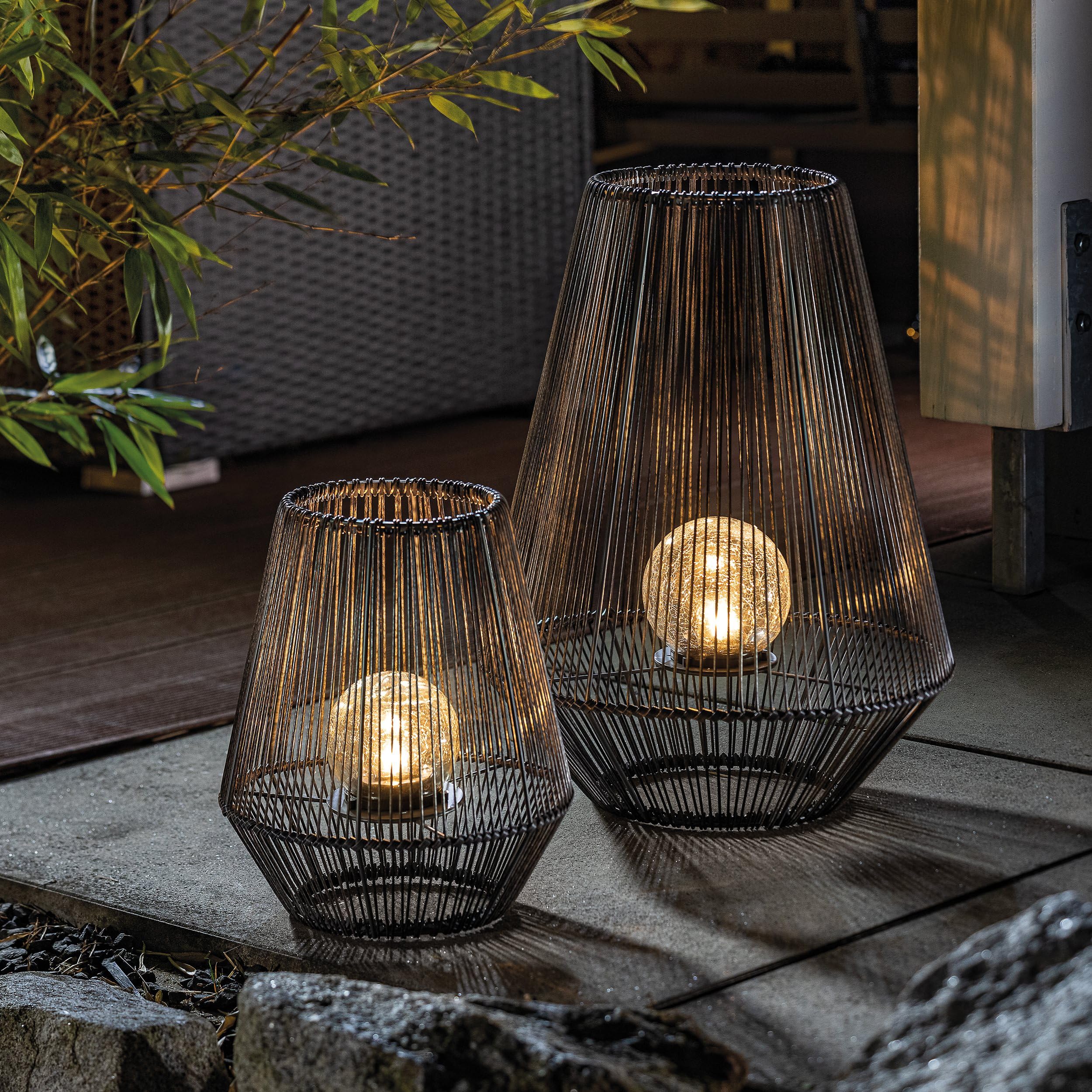 Esotec 2er Set Solar Windlichter Ilona, Crackle Ball Bruchglas Leuchtkugel, Dekoleuchte, Polyrattan Solarlampen, Metall, IP44, wetterfest, aussen, schwarz, 102209