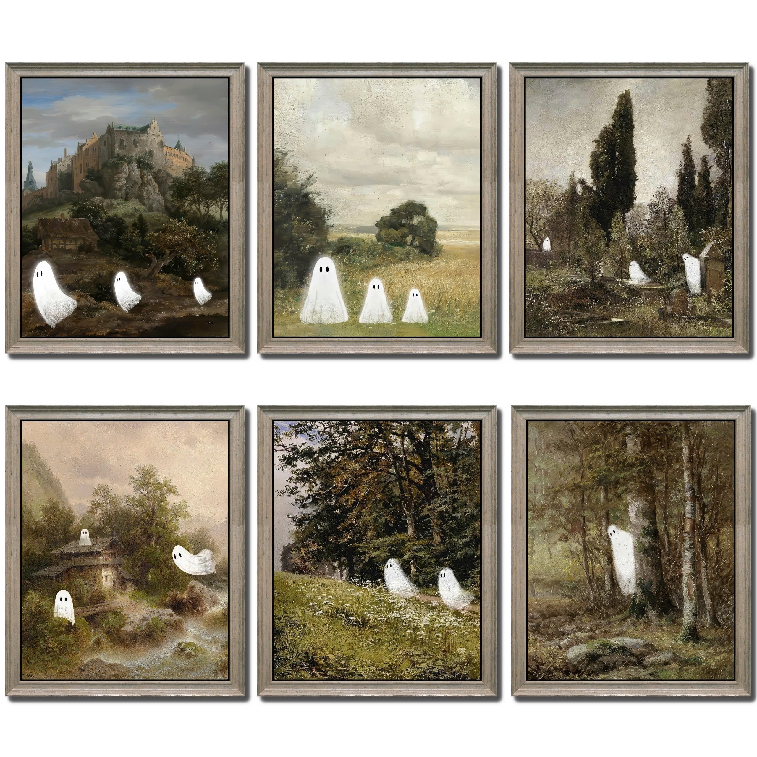 LANCHI95 6 Pcs 8x10in Halloween Decor, Ghost Decor, Halloween Wall Art Prints, Vintage Halloween Posters Decor, Cute Ghost Decor, Aesthetic Halloween Pictures Wall Decor for Bedroom (UNFRAMED)
