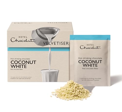 Hotel Chocolat Coconut-White Hot Chocolate Sachets - Luxury Chocolate Flakes - Pack of 10 Single-Serve 310g - Suitable for Vegetarians
