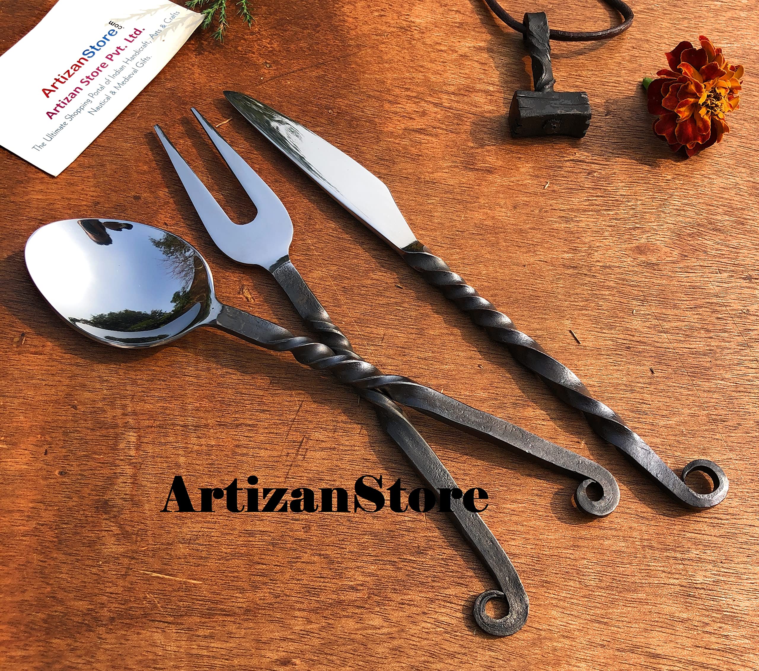 Hand Forged Medieval Iron Eating Cutlery Set with Leather Belt Pouch, Viking Feast ware, Art Collection, Antiquity, Fork, Knife and Spoon Medieval Eating Utensil Set, Great Gift as Collectible