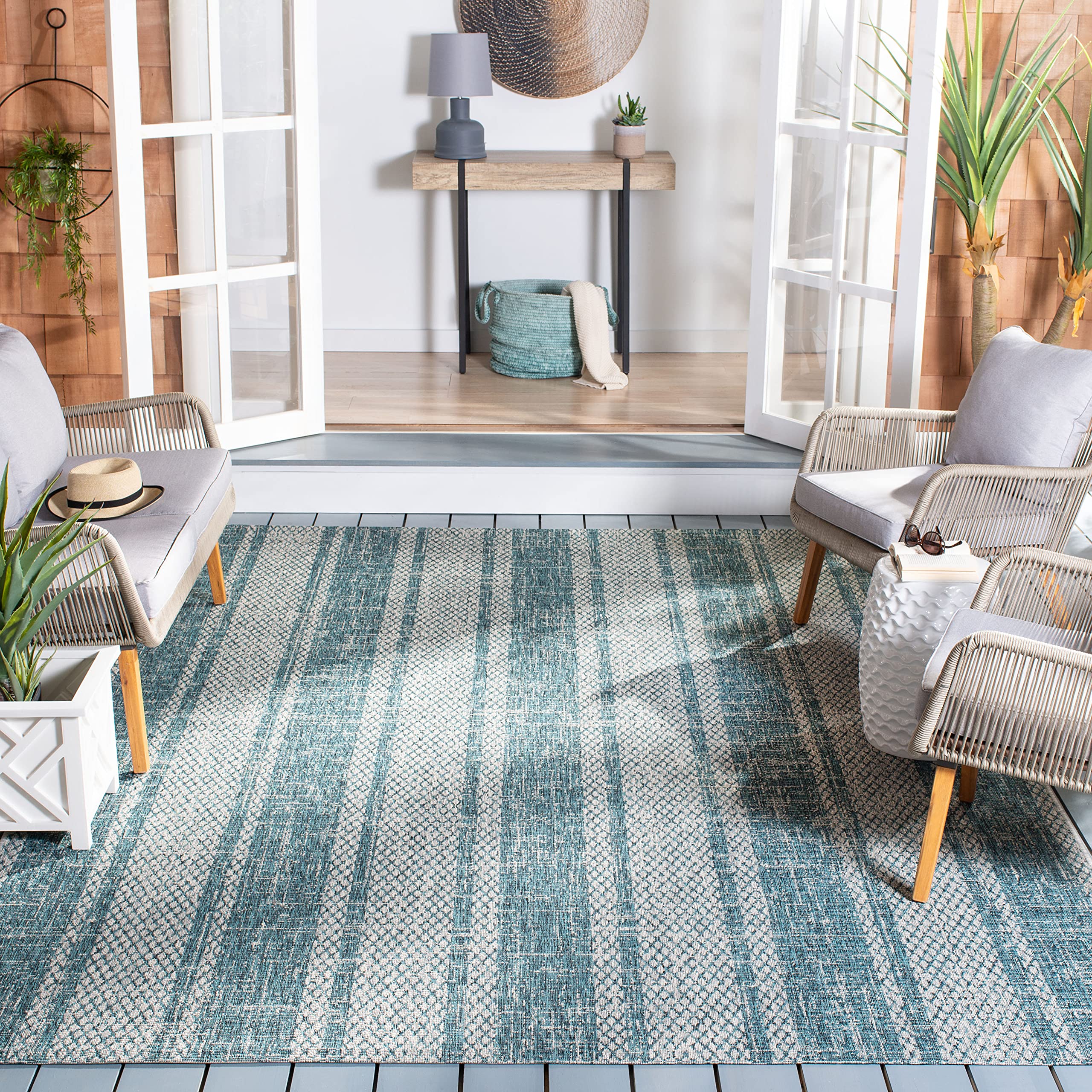 SAFAVIEH Courtyard Collection 8' x 11' Grey / Teal CY8736 Indoor/ Outdoor Waterproof Easy-Cleaning Patio Backyard Mudroom Area-Rug