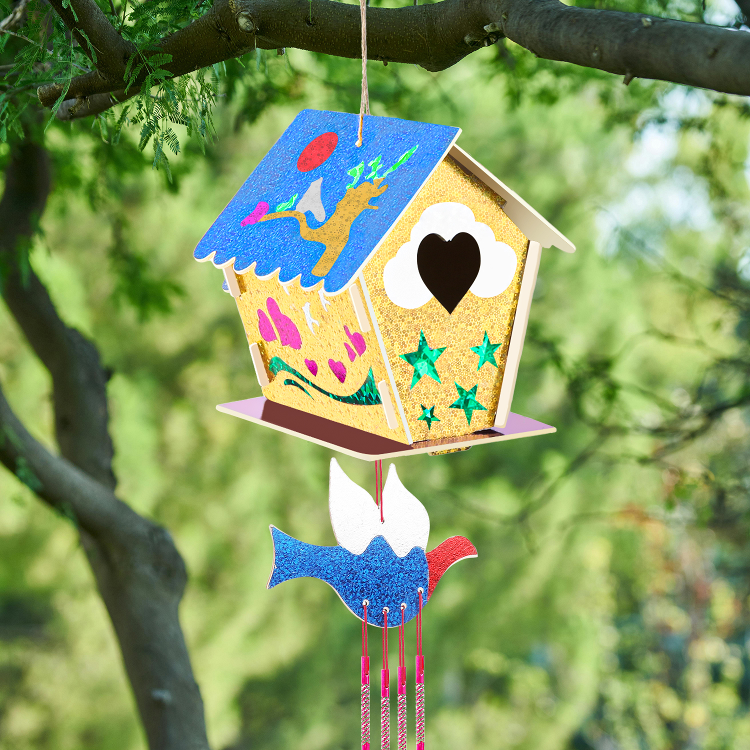 Kit De Pintura Y Manualidades Casa De Pájaros Para Niños – 2 Casitas Con Colores, Arcilla Y Campanillas De Viento
