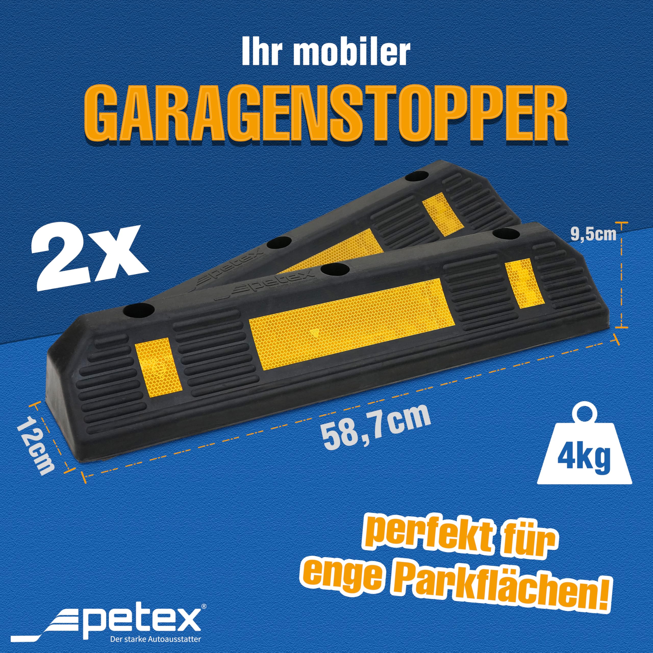PETEX 2X Radstopper/Garagenstoppper mit gelben Reflexionsstreifen nach ECE R 104 für Garage und Parkplätze, 58,7 x 12 x 9,5 cm, Einparkhilfe aus Gummi, schwarz