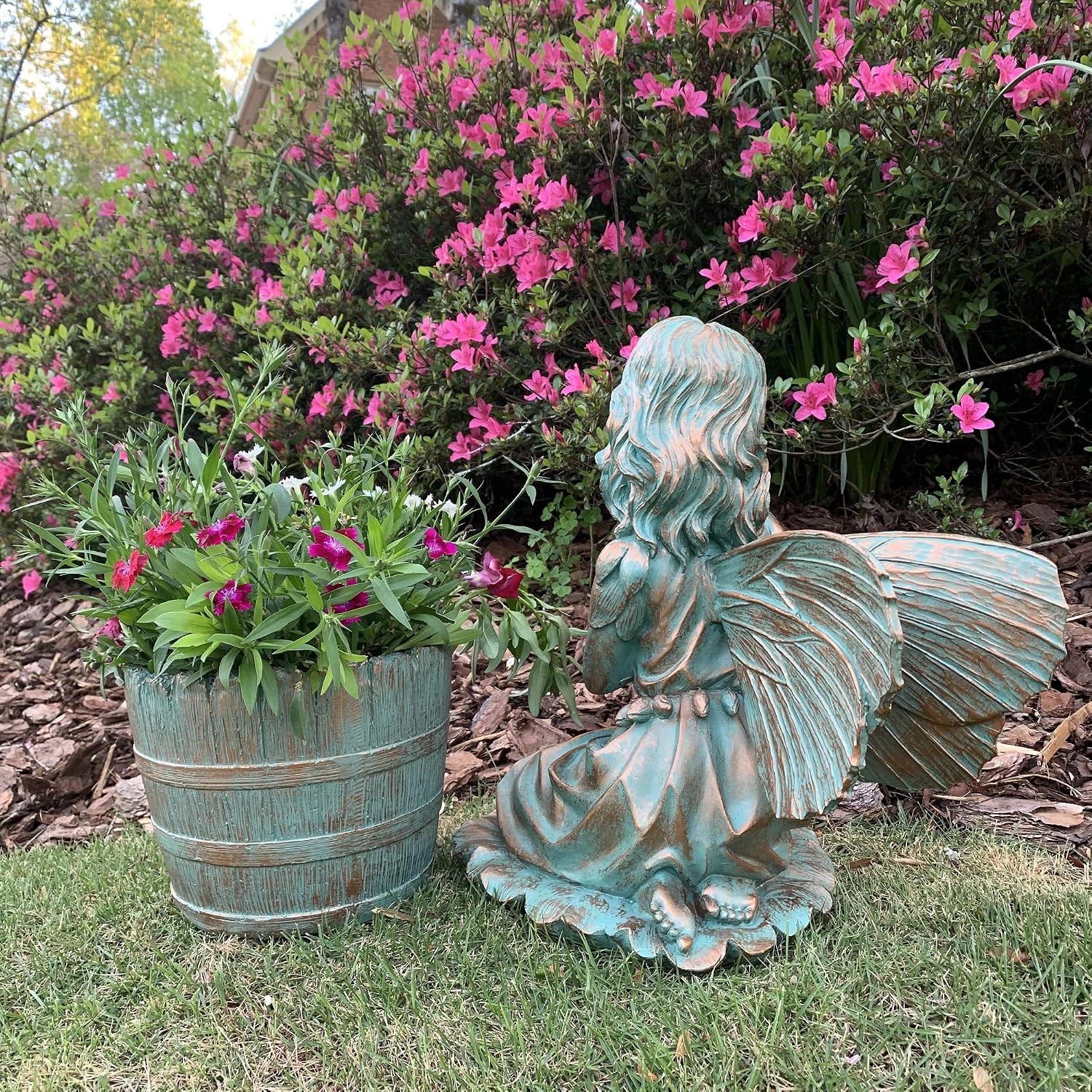 14" H Gabriella with Barrel Planter Pot in Bronze Patina Home & Garden Fairy Statue