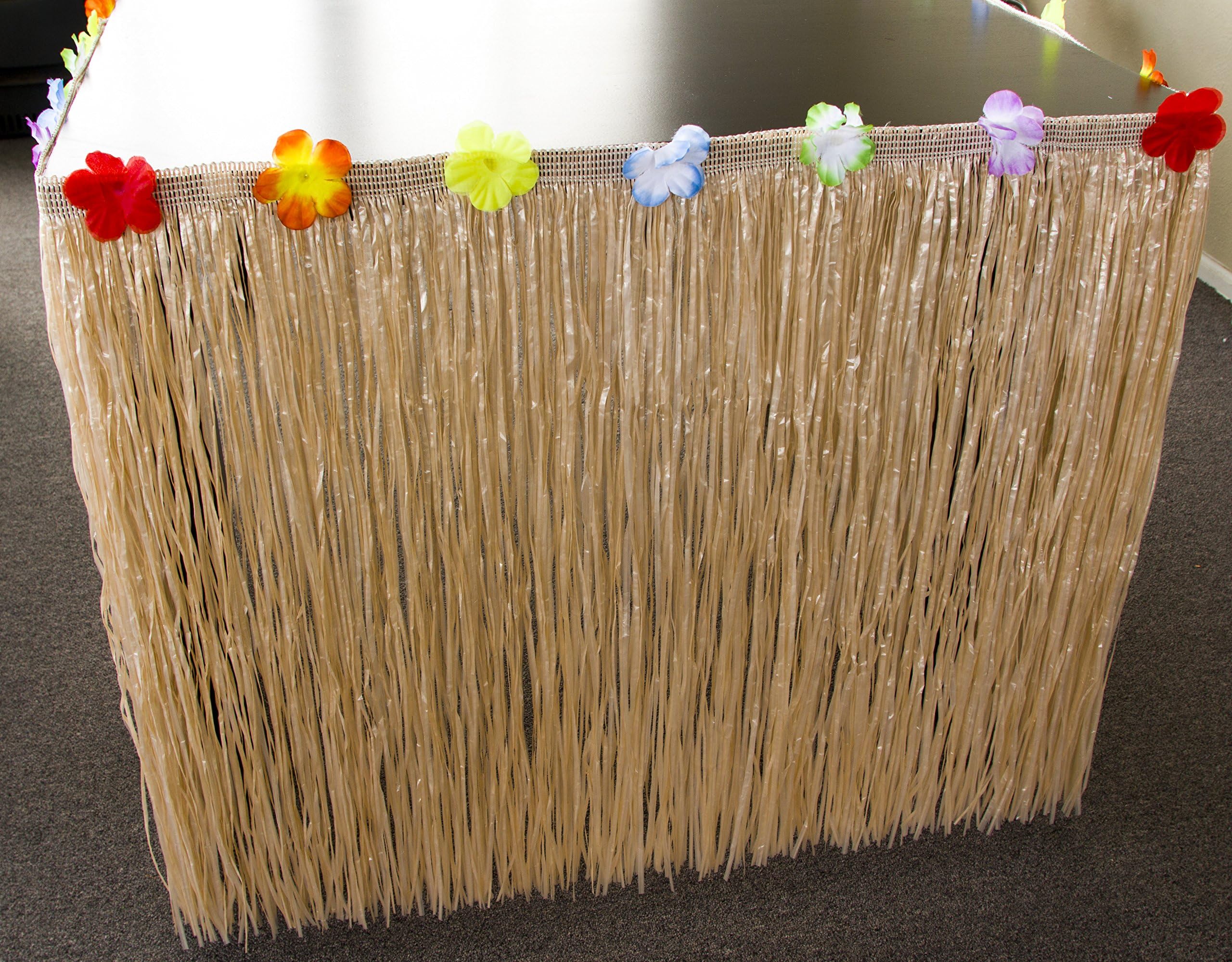 APOWUSKnot Board Sports Table Skirt Luau Hawaiian Party, Grass Hibiscus Decoration Flowers Colorful Green Tropical. 9', Raffia