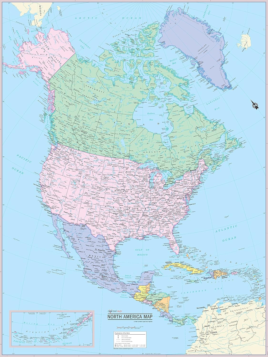 CoolOwlMaps North America Continent Wall Map Poster - Rolled (Laminated 24x32)