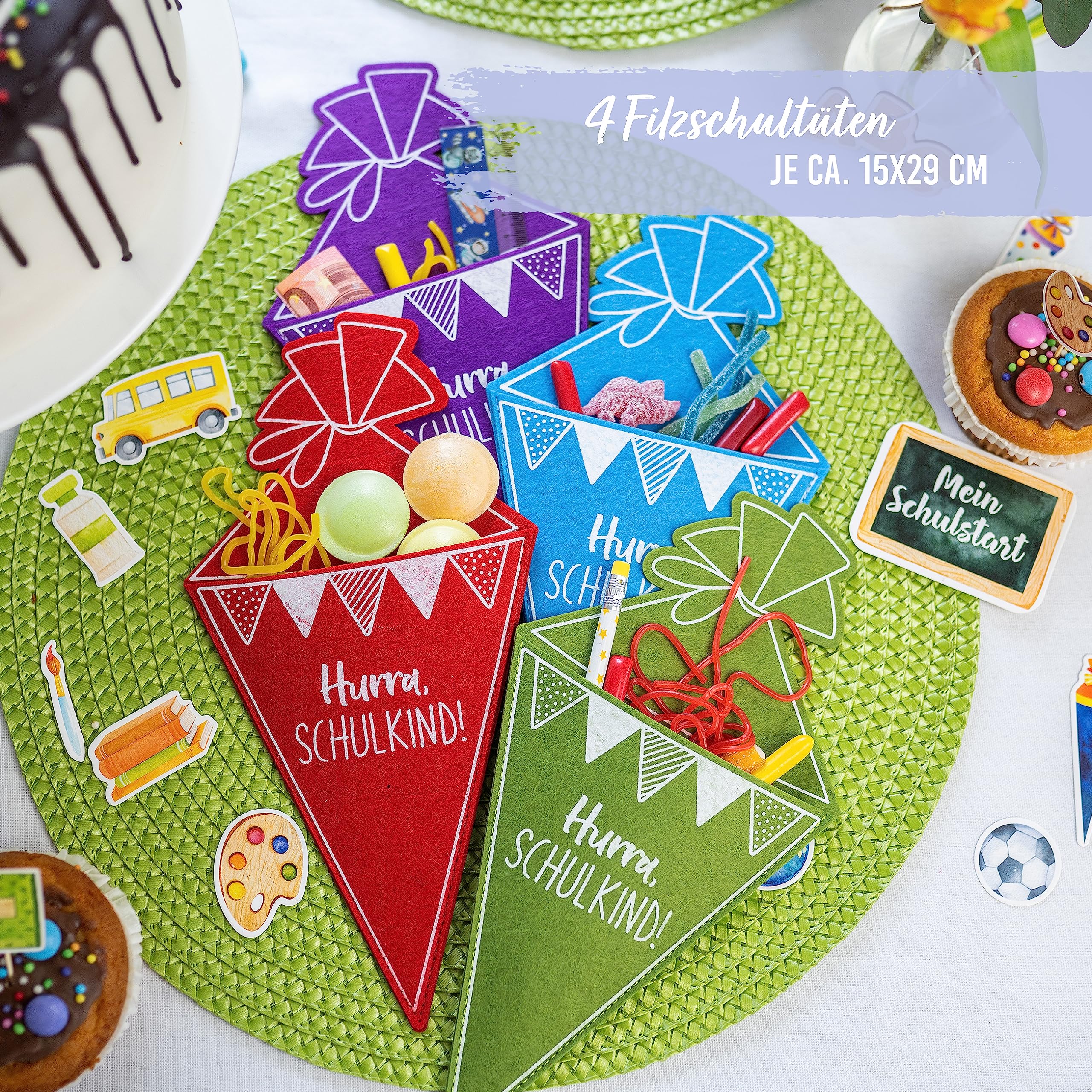 Papierdrachen 4 Colourful Felt School Cones, Cutlery Bag or Gift Bag, Great Attention for the Very First Day of School - Image 2