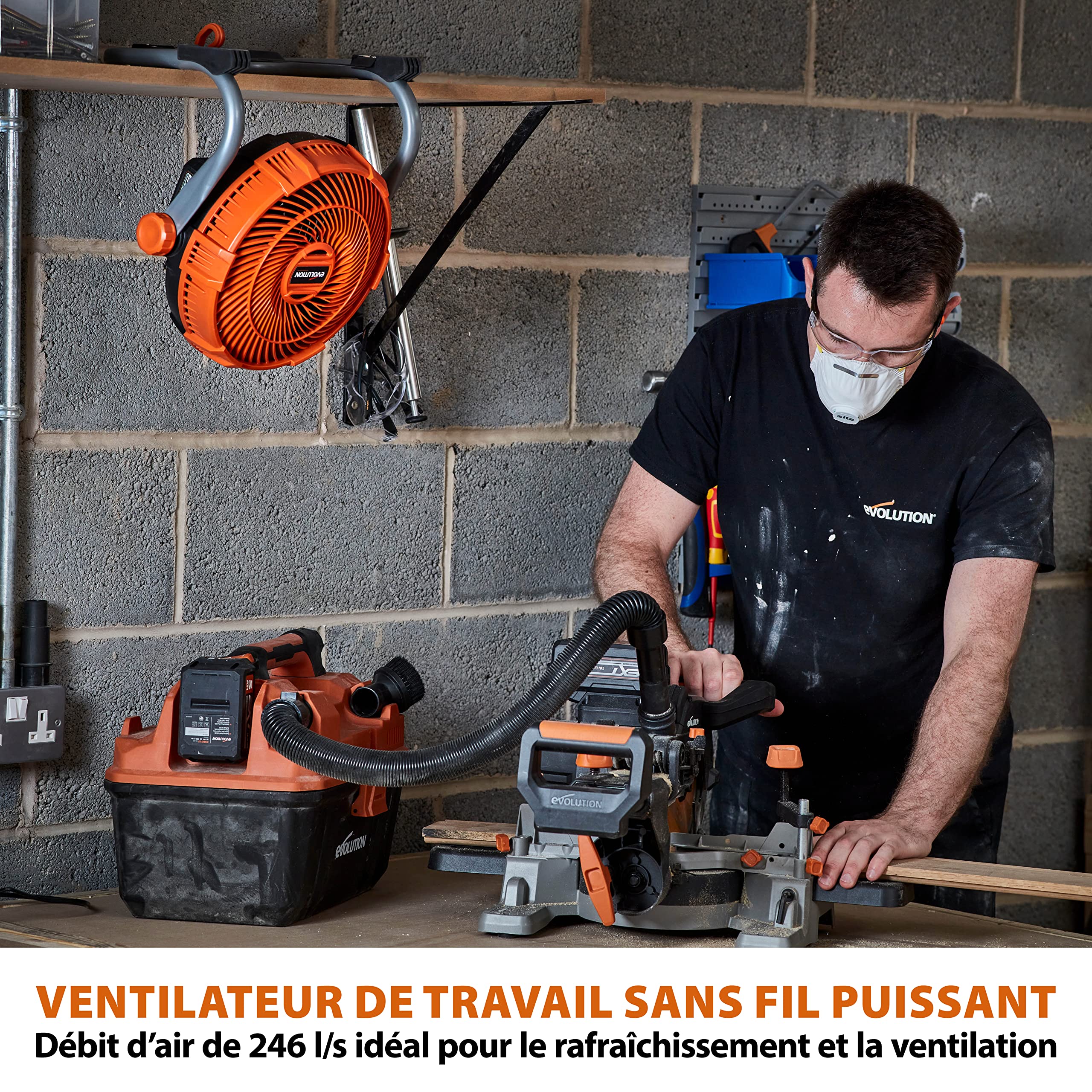Evolution Power Tools R240FAN-Li 240 mm - Ventilateur de travail portable sans fil - Rafraîchissement silencieux, compact, puissant? rotation réglable à 360⁰, 18 v Li-Ion. Batterie non incluse.