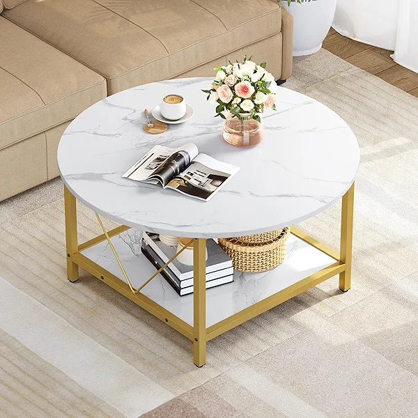 YITAHOME Round Coffee Table,Rustic Wood Coffee Tables for Living Room with Storage Shelf, Modern Farmhouse Circle Coffee Table Center with Sturdy Metal Legs Home Furniture, Gold Gold Round