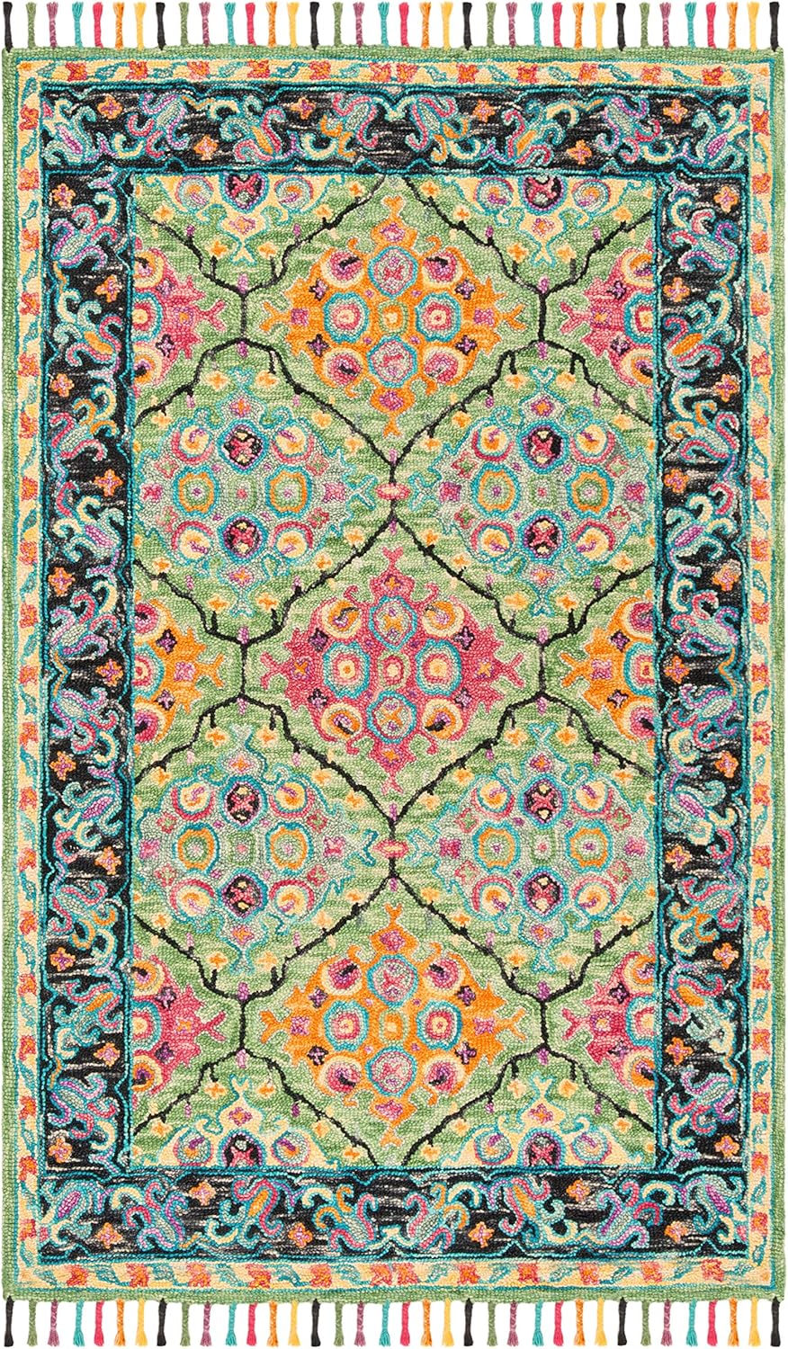 SAFAVIEH Aspen Collection Accent Rug - 3' x 5', Light Green & Black, Handmade Boho Braided Tassel Wool, Ideal for High Traffic Areas in Entryway, Living Room, Bedroom (APN114Y)
