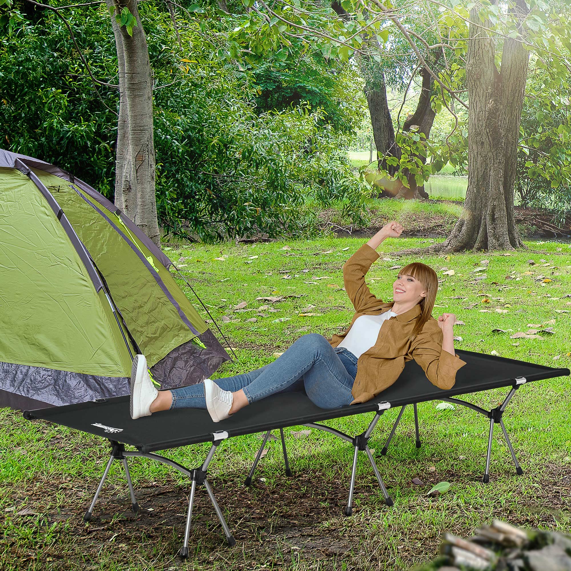 Outsunny Lit de Camp Pliable Portable lit d'appoint avec Sac de Transport Hauteur réglable châssis démontables Structure Aluminium léger Stable Tissu Oxford 600D 190 x 65 x 38 cm Noir