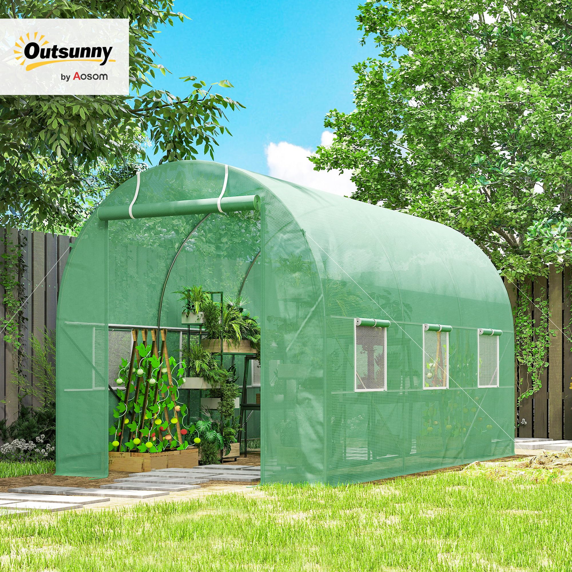 Outsunny Invernadero de Exterior 3,5x2x2 m Invernadero de Túnel con Cubierta de PE 140 g/m² para Cultivo Plantas Verduras Frutas en Jardín Terraza Verde