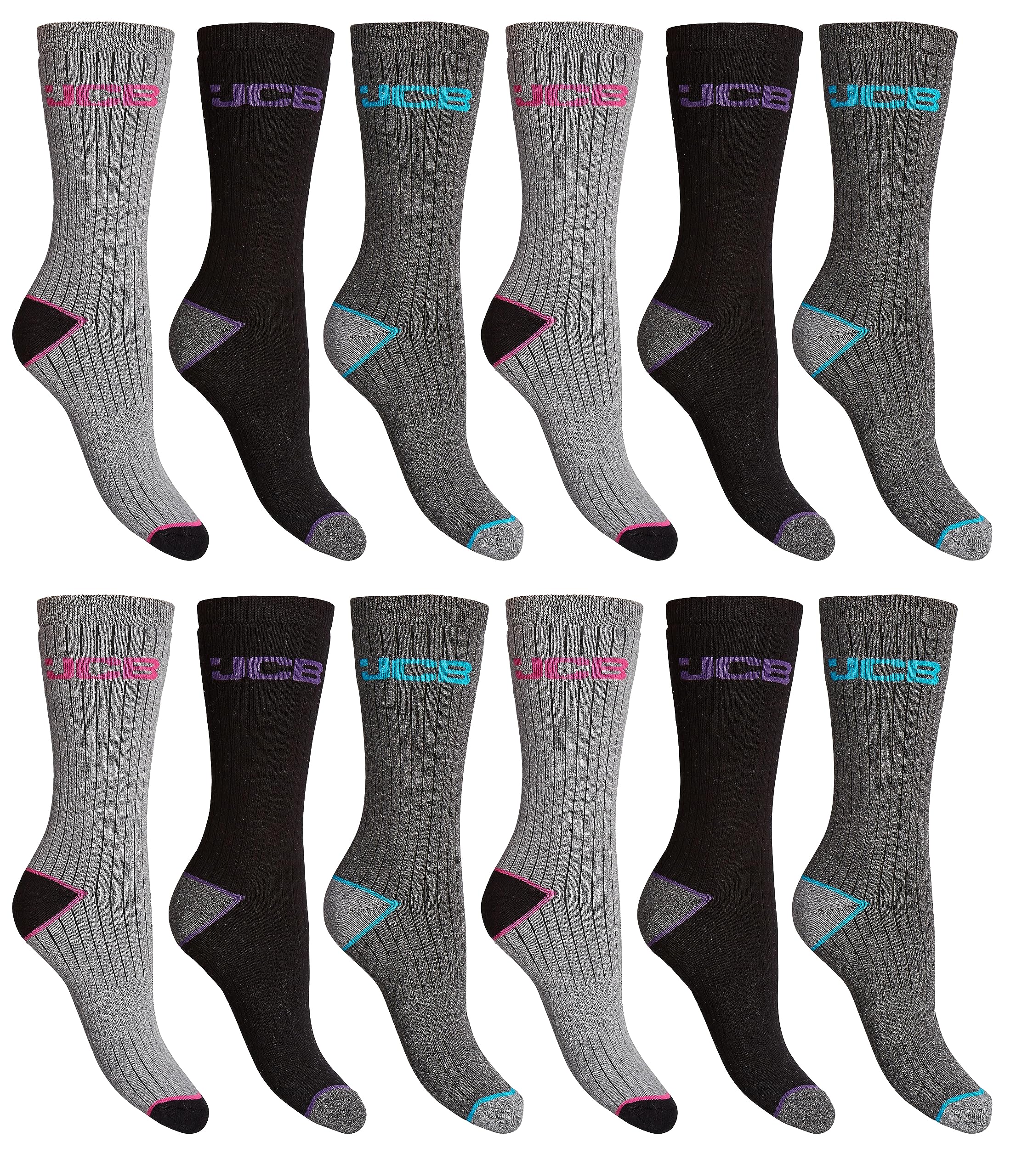 Jcb Women's 12 Pair Pack - Outdoor Activity Socks - 3 Pack - Assorted Grey - Uk 4-7 Eur 37-41 - Long Work Socks (12 Pair Pack)