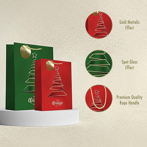 Miniatura 10 de easykart labels 12 bolsas de regalo de Navidad, rojo y verde metálico y acabado de textura con árbol de Navidad dorado y brillante, varios tamaños