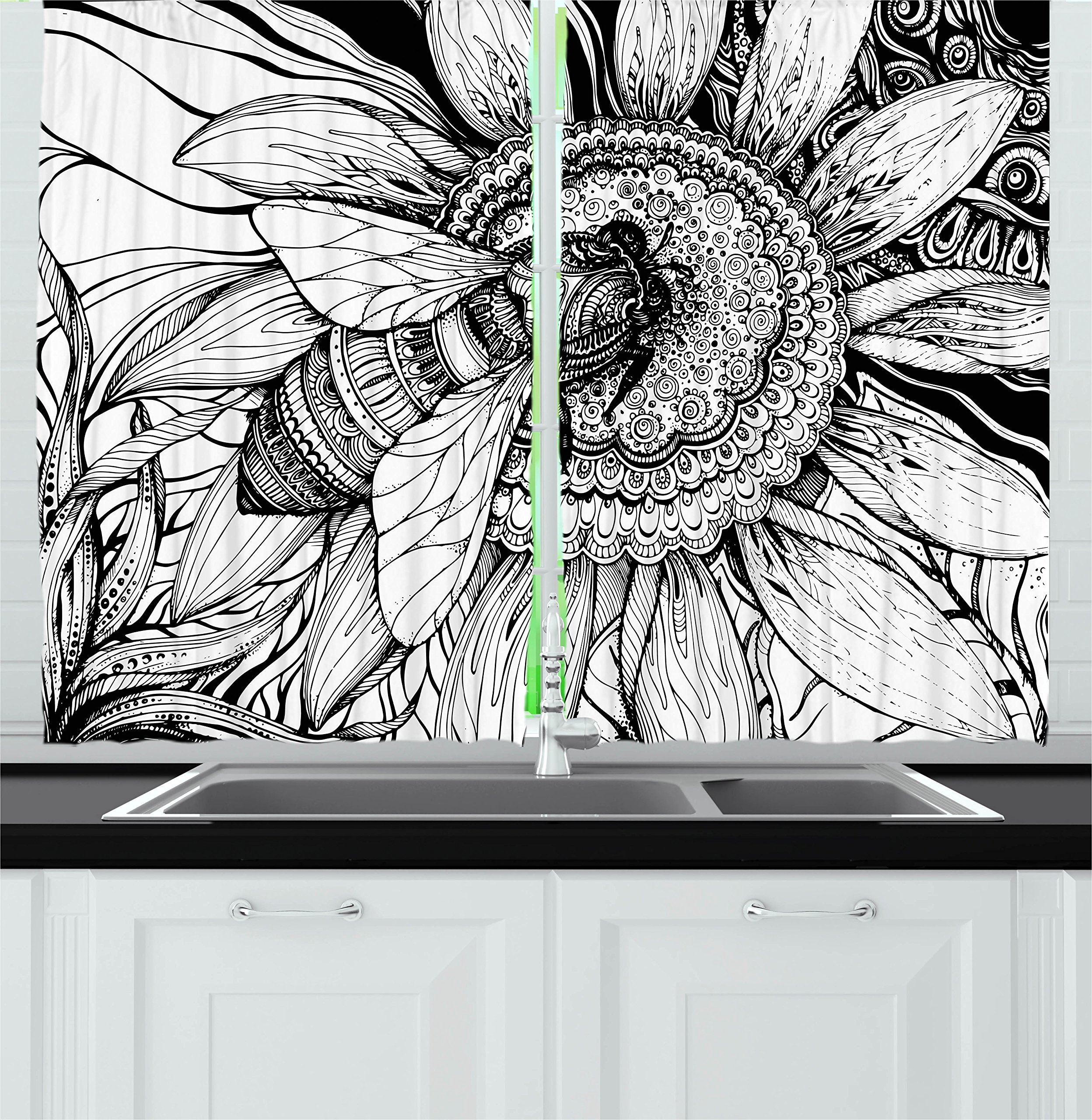 Ambesonne Nature Kitchen Curtains, Bee on a Flower Honey Pollen Floral Mother Earth Phase Wildlife Digital Print, Window Drapes 2 Panel Set for Kitchen Cafe Decor, 55" X 39", White Black