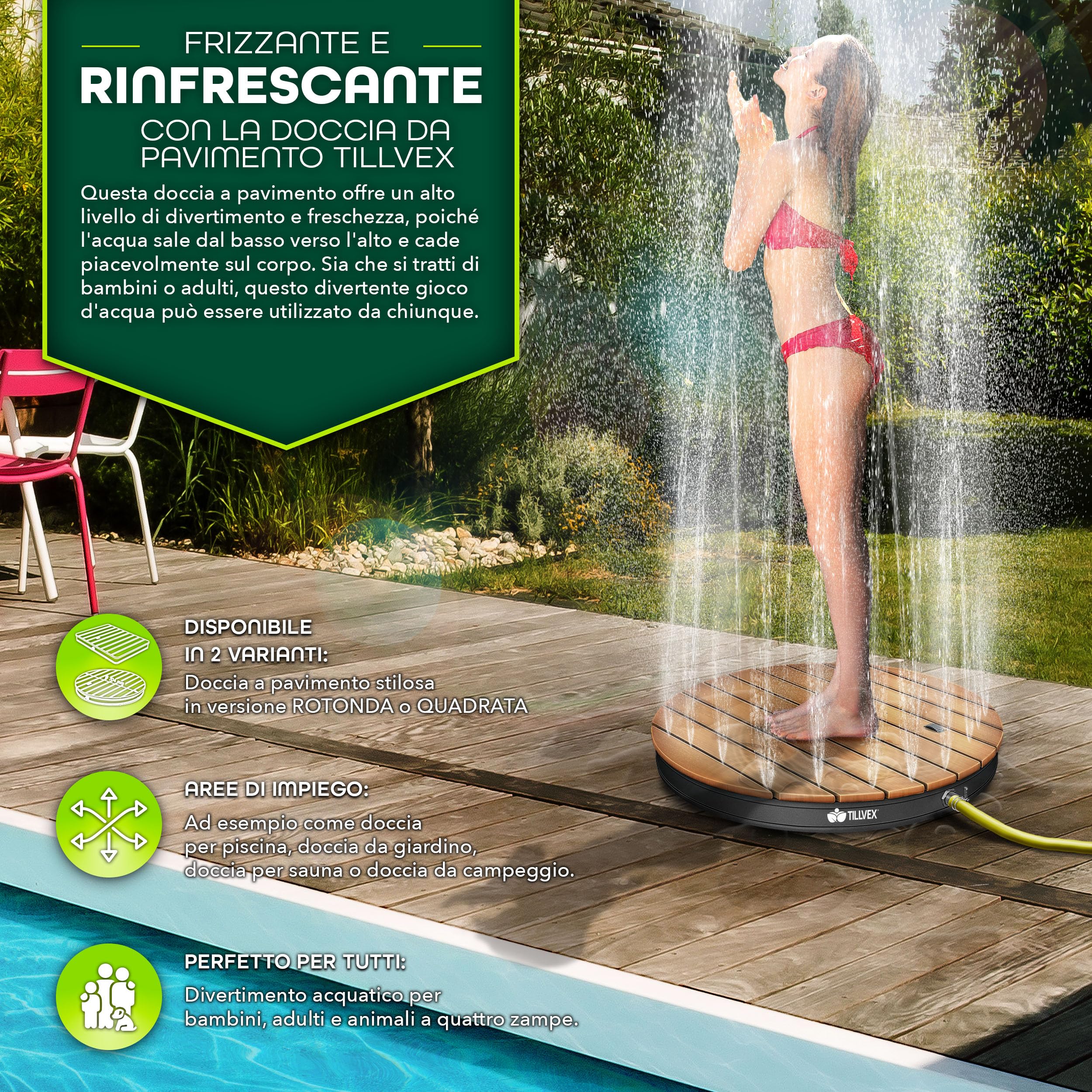 tillvex® Doccia da Giardino Outdoor Fino a 4 m di Altezza della Fontana | Doccia a Pavimento con Pedale | Doccia Esterno Antiscivolo | Doccia da Sauna, Campeggio (Antracite - Rotondo)