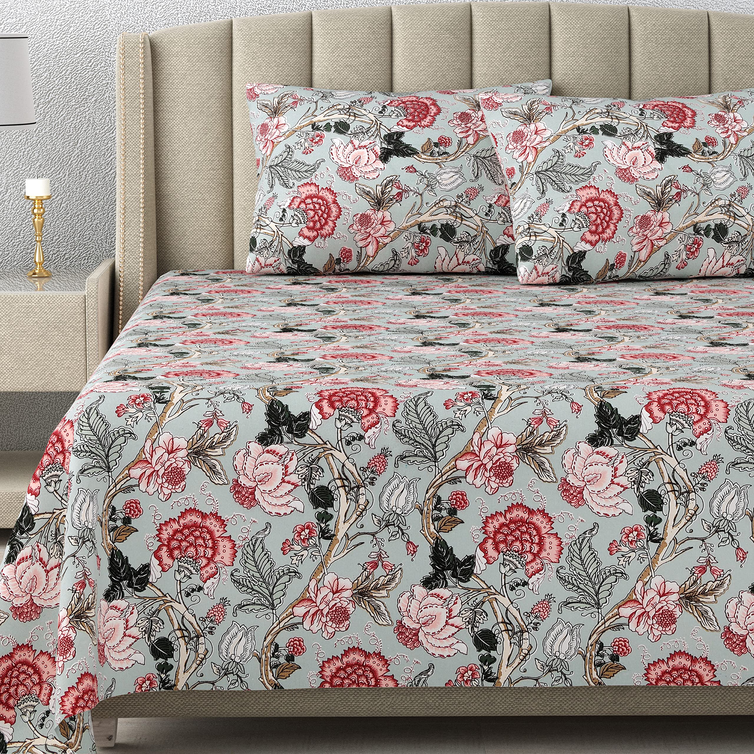 DE CAMA Since 1997 | 100% Cotton 300 TC Premium Super King Size Bedsheet for Double Bed (108 x 108 Inch) with 2 Pillow Covers Set (17 x 27 Inch) Designer Printed Bedsheet Set - Floral Urban Green