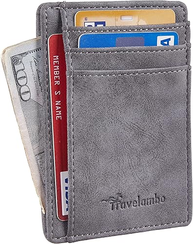 Miniatura 2 de Travelambo Cartera delgada con bolsillo frontal de cuero minimalista con bloqueo RFID tamaño mediano, Crazy Hose Gris, Minimalista