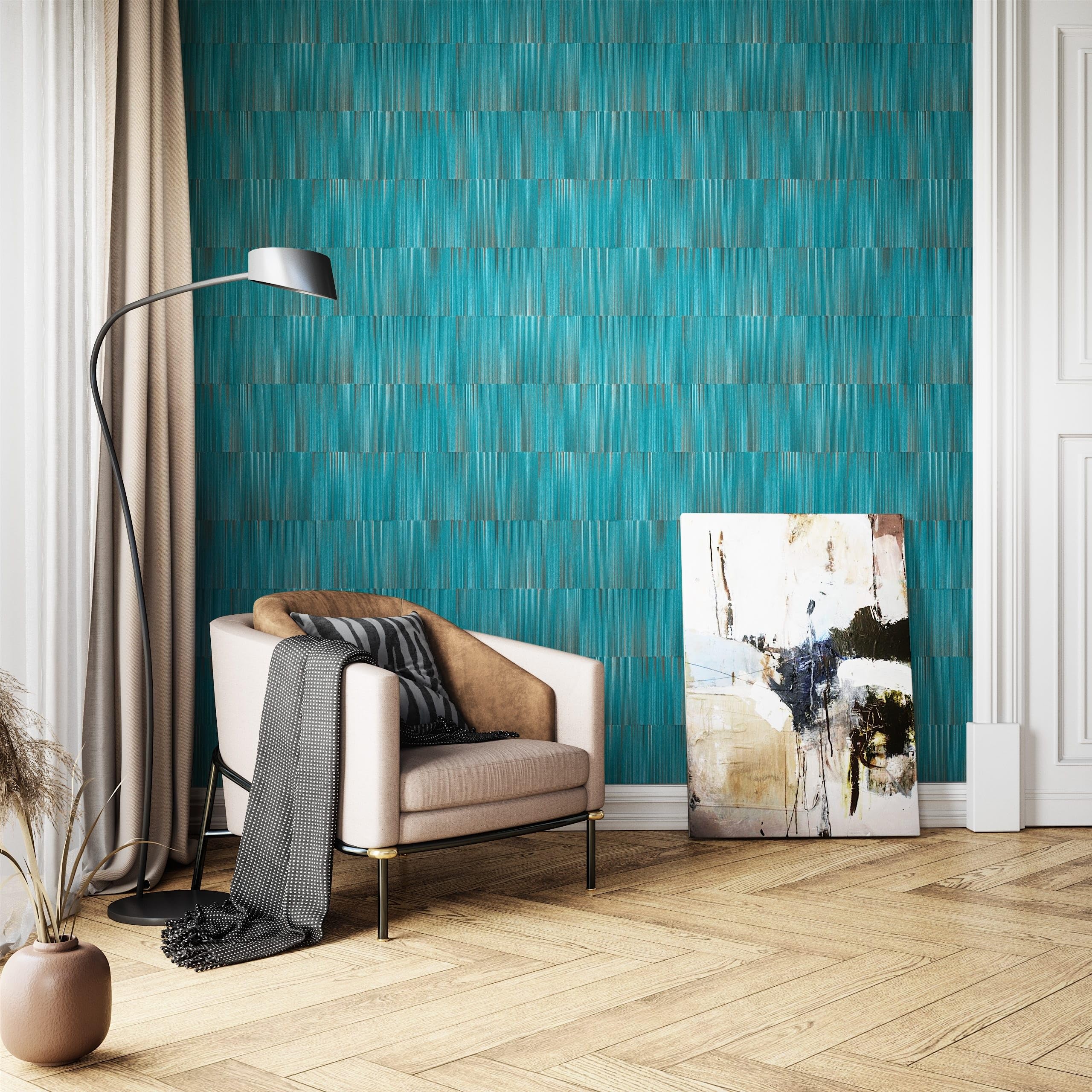 Carta Da Parati Moderna - Design Astratto Con Foglie E Onde, Colore Azzurro E Marrone, Tessuto Non Tessuto