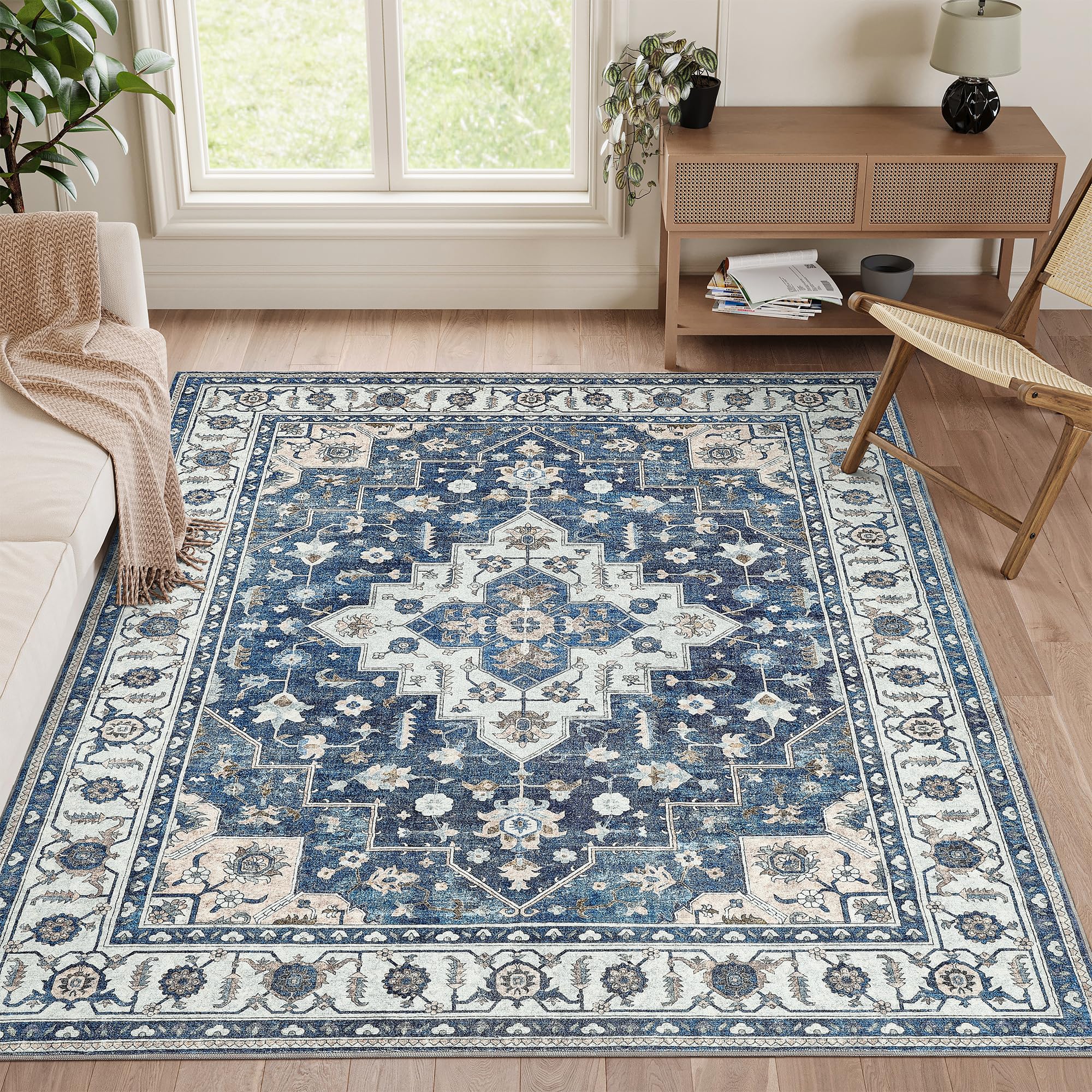 (similar)Art&Tuft Area Rugs 8x10, Stain Resistant Machine Washable Rugs 8x10 - Boho Large Living Room Rug, Low Pile No Slip 8x10 Area Rugs for Bedroom, Living Room, Kitchen, Office, Blue
