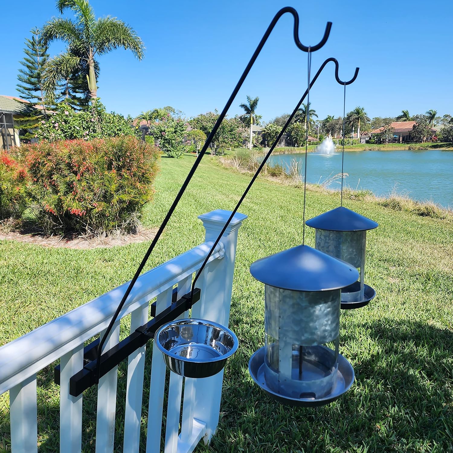 Bird Bath Plus Long Hook Kits Ideal for Bird Feeders, Lighter Flower Baskets, Chimes, etc. for Vertical Spindled Deck Railings Only ((2) 34" on a 24" Mount)