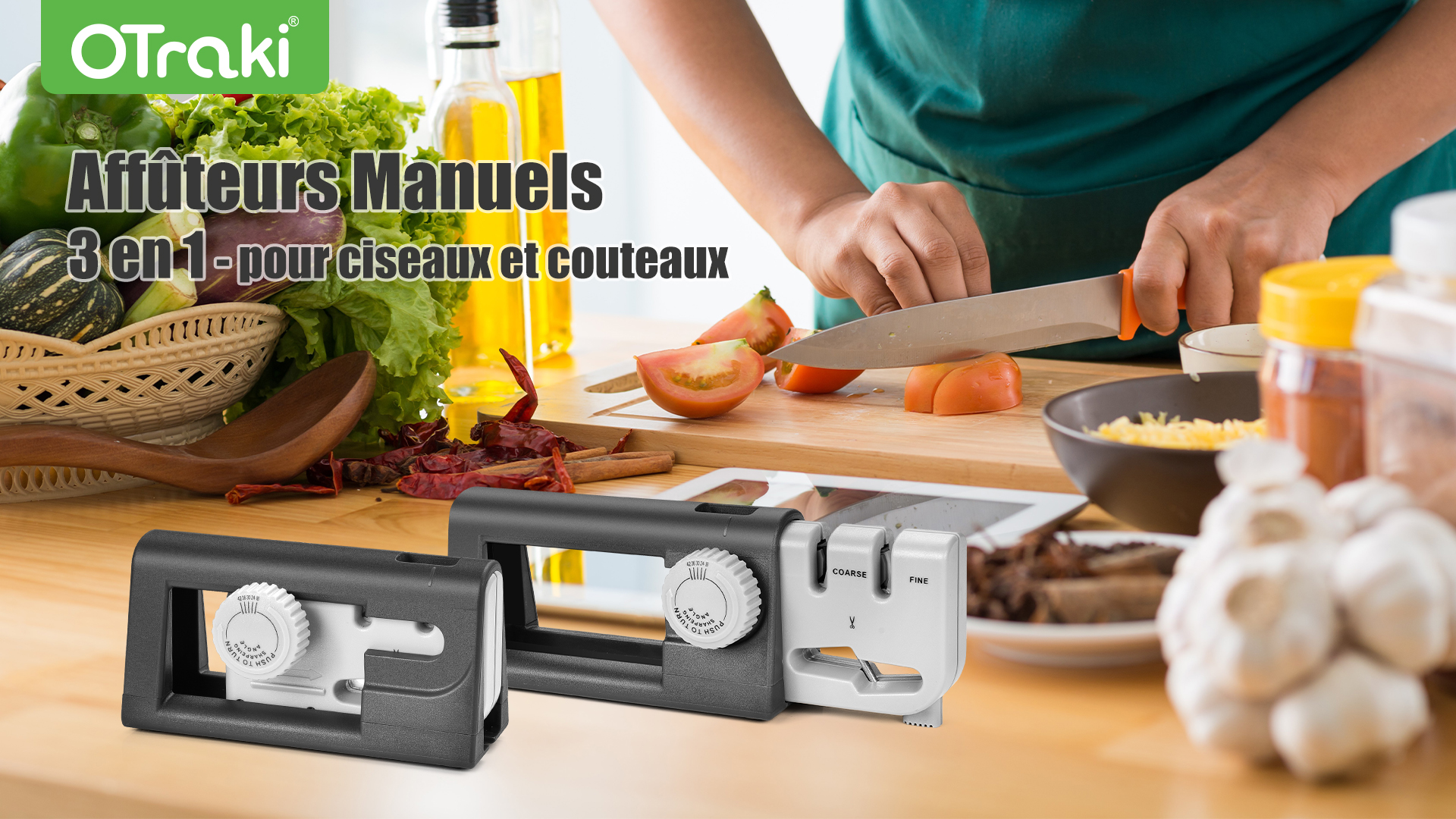 Aiguiseur De Couteaux Manuel 3 En 1 OTraki - Angle Réglable 18° à 42° - Pour Couteaux De Cuisine Et Ciseaux - Base Antidérapante